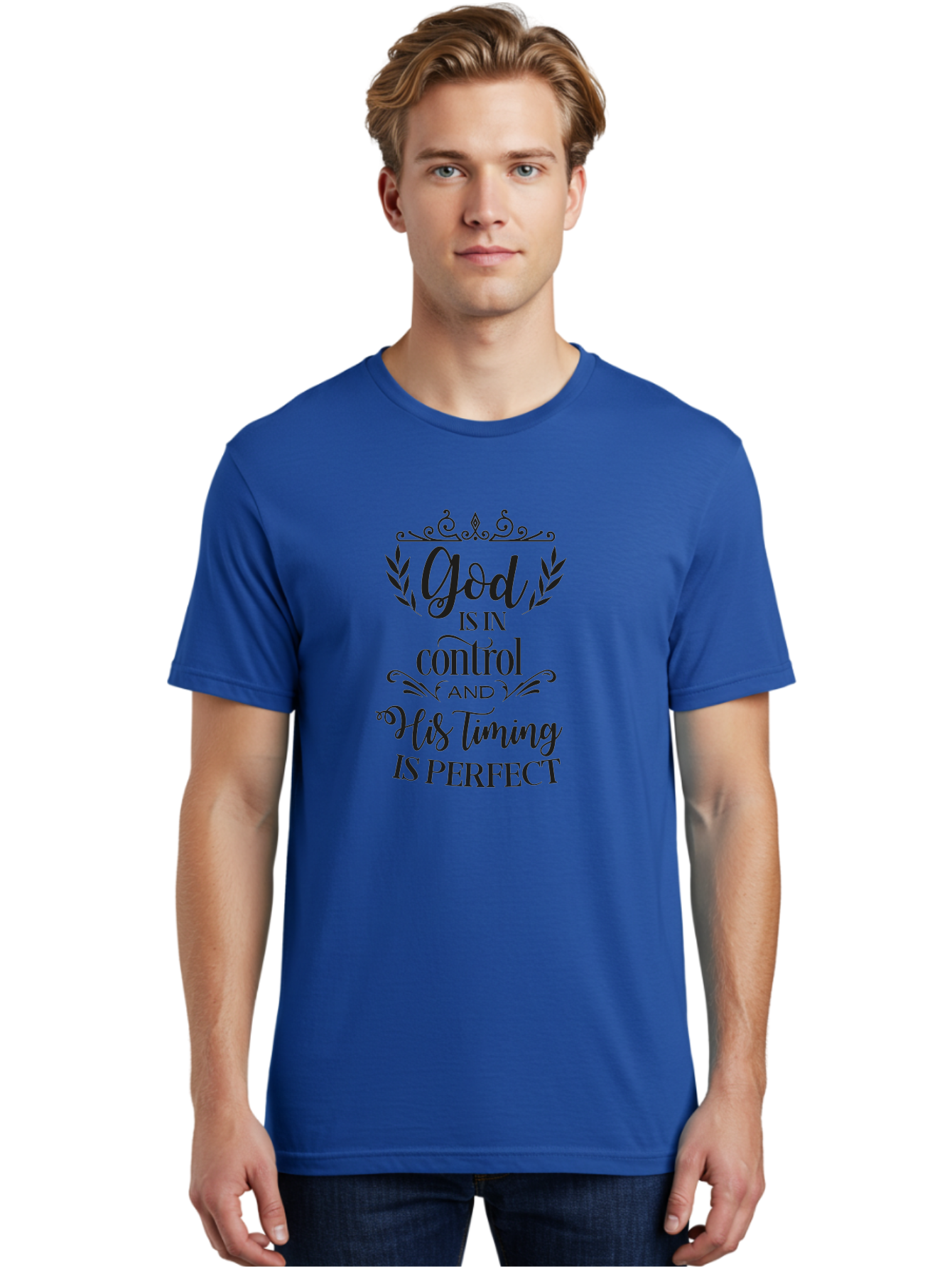 God-Is-In-Control-And-His-Timing-Is-Perfect Men'S Graphic Tee, 100% Cotton, Comfortable Casual Summer Wear, Machine Washable, Faith Quote, Inspirational Quote, Motivational Quote, Religious Quote, God Is In Control, His Timing Is Perfect, Aac764