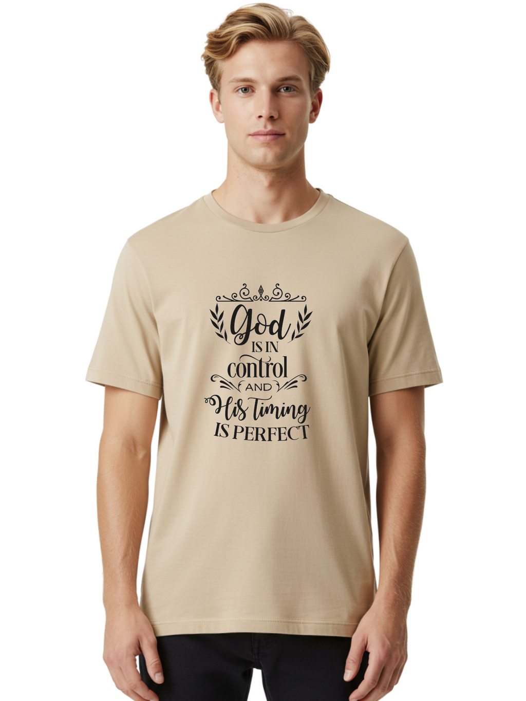 God-Is-In-Control-And-His-Timing-Is-Perfect Men'S Graphic Tee, 100% Cotton, Comfortable Casual Summer Wear, Machine Washable, Faith Quote, Inspirational Quote, Motivational Quote, Religious Quote, God Is In Control, His Timing Is Perfect, Aac764