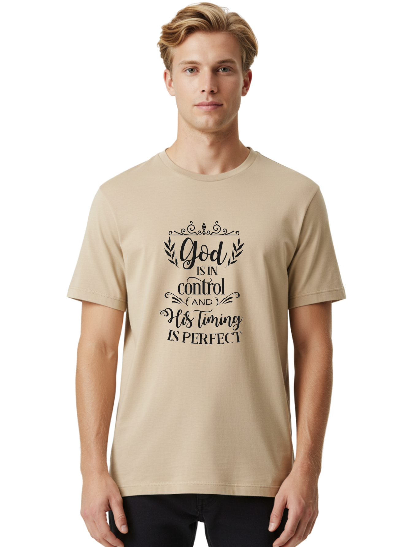 God-Is-In-Control-And-His-Timing-Is-Perfect Men'S Graphic Tee, 100% Cotton, Comfortable Casual Summer Wear, Machine Washable, Faith Quote, Inspirational Quote, Motivational Quote, Religious Quote, God Is In Control, His Timing Is Perfect, Aac764