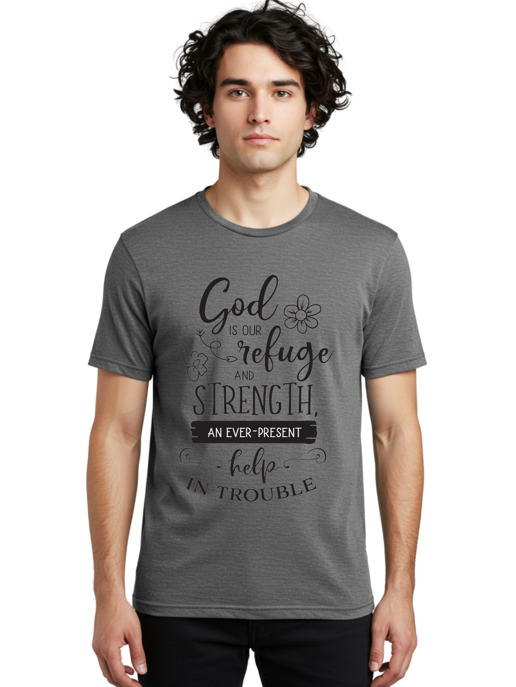 God-Is-Our-Refuge Men'S Graphic Tee, 100% Cotton, Comfortable Casual Summer Wear, Machine Washable, Inspirational Quote, Bible Verse, Motivational Words, Faith And Spirituality, Trust In God, Strength In Trouble, Refuge And Help, Aac765
