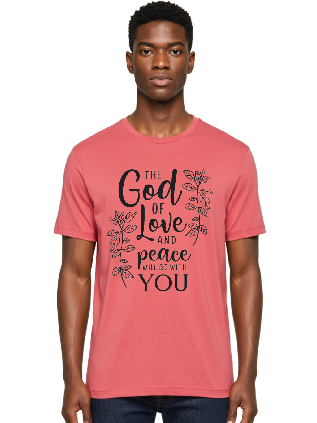 God-Of-Love-And-Peace Men'S Graphic Tee, 100% Cotton, Comfortable Casual Summer Wear, Machine Washable, Inspirational Quote, God Of Love And Peace, Uplifting Message, Positive Affirmation, Leafy Design, Black Typography, Spiritual Words, Aac766
