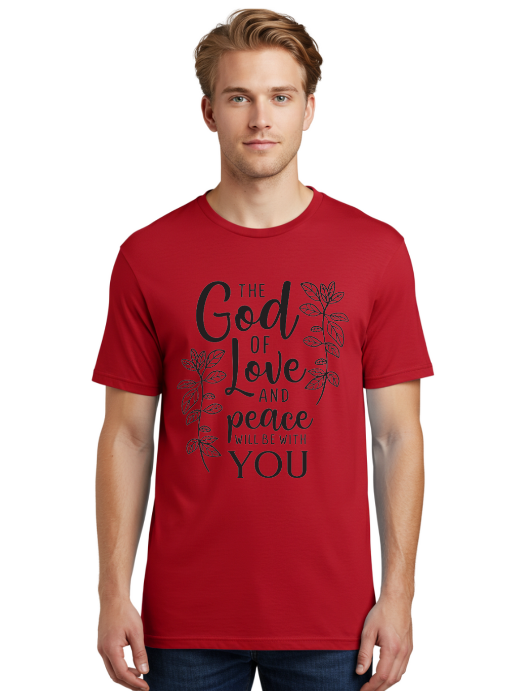 God-Of-Love-And-Peace Men'S Graphic Tee, 100% Cotton, Comfortable Casual Summer Wear, Machine Washable, Inspirational Quote, God Of Love And Peace, Uplifting Message, Positive Affirmation, Leafy Design, Black Typography, Spiritual Words, Aac766