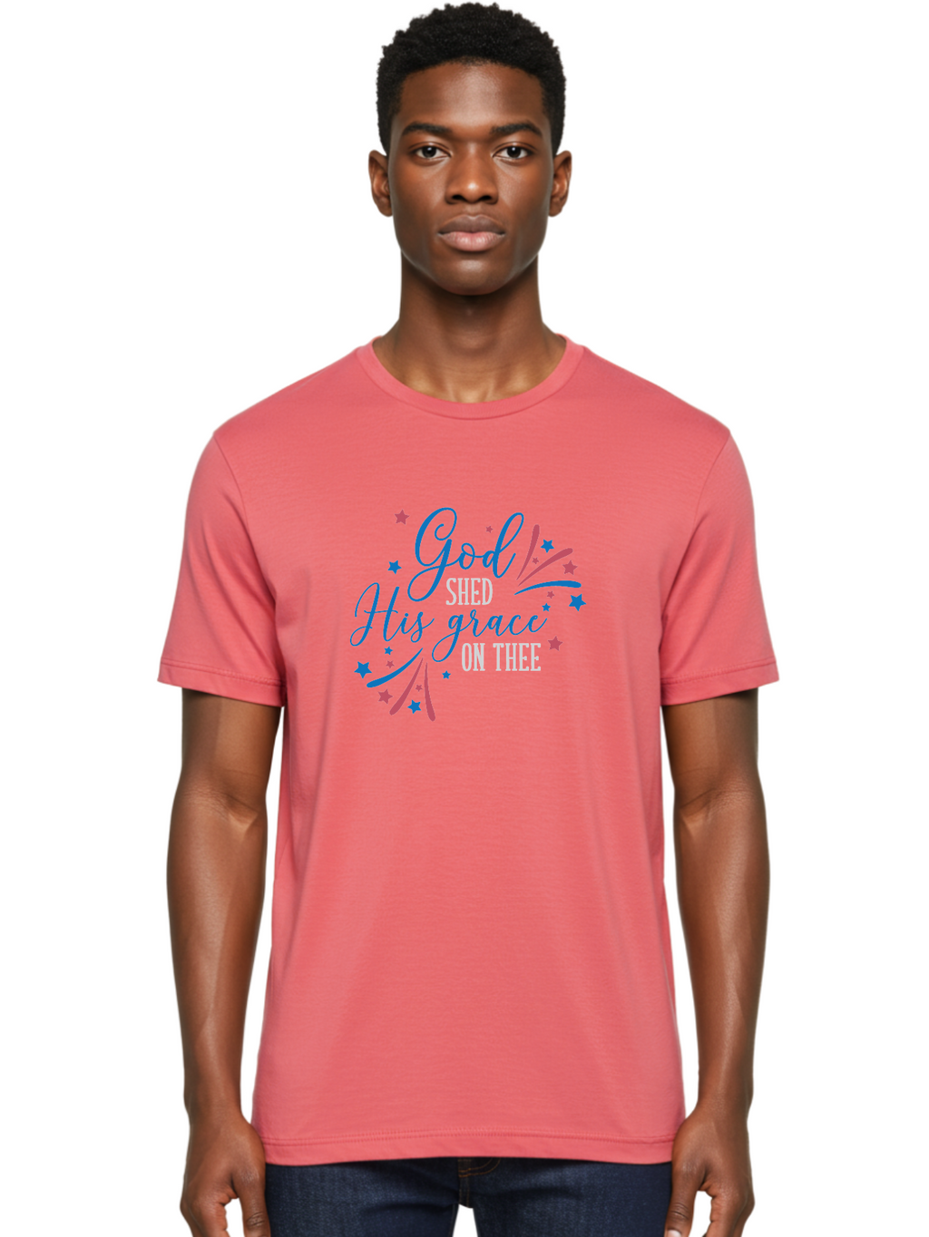 God-Shed-His-Grace-On-Thee Men'S Graphic Tee, 100% Cotton, Comfortable Casual Summer Wear, Machine Washable, Inspirational Quote, Faith-Based Design, Scripture Art, Devotional Graphics, Motivational Words, Christian Decor, Blue And Pink Stars, Aac768