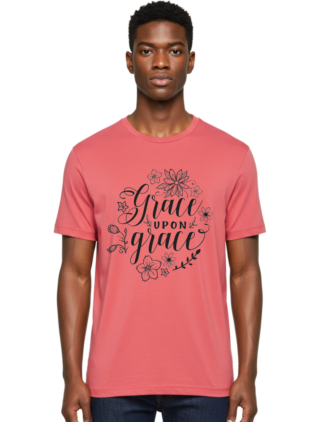 Grace-Upon-Grace Men'S Graphic Tee, 100% Cotton, Comfortable Casual Summer Wear, Machine Washable, Inspirational Quote, Floral Wreath, Black Typography, Divine Love, Spiritual Growth, Faith-Based, Motivational Words, Elegant Design, Aac774