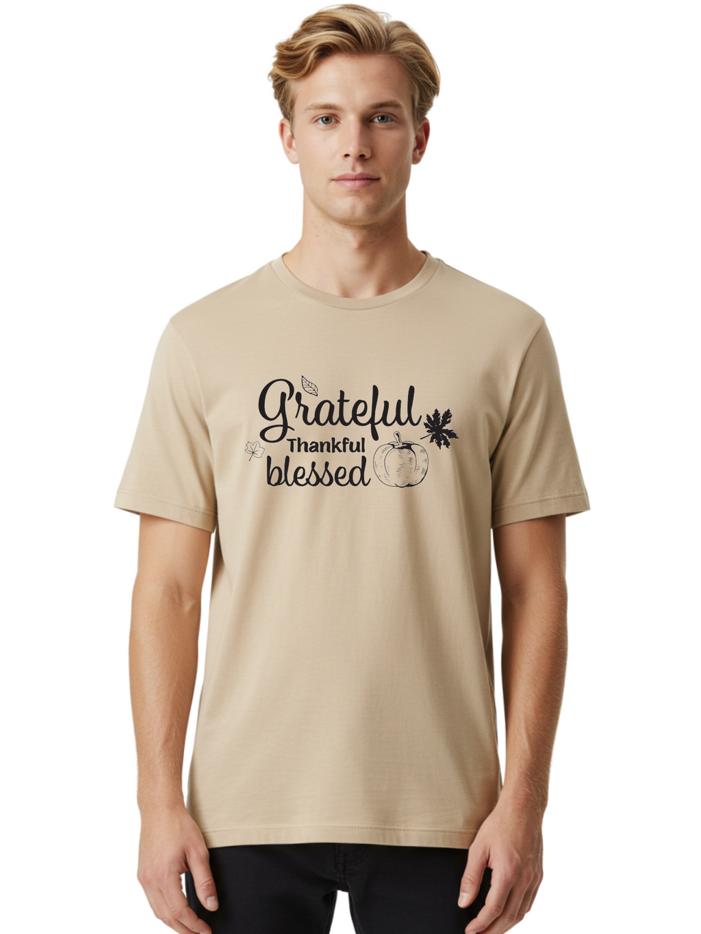 Grateful-Thankful-Blessed Men'S Graphic Tee, 100% Cotton, Comfortable Casual Summer Wear, Machine Washable, Grateful Thankful Blessed, Fall Season, Autumn Leaves, Pumpkin Illustration, Harvest Theme, Positive Vibes, Gratitude, Thankfulness, Aac777