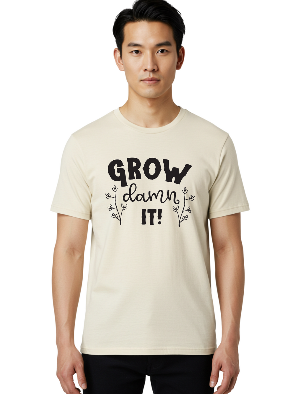 Grow-Damn-It Men'S Graphic Tee, 100% Cotton, Comfortable Casual Summer Wear, Machine Washable, Motivational Quote, Plant Growth, Inspiration, Gardening, Positivity, Growth Mindset, Botanical Illustrations, Typography Art Aac781