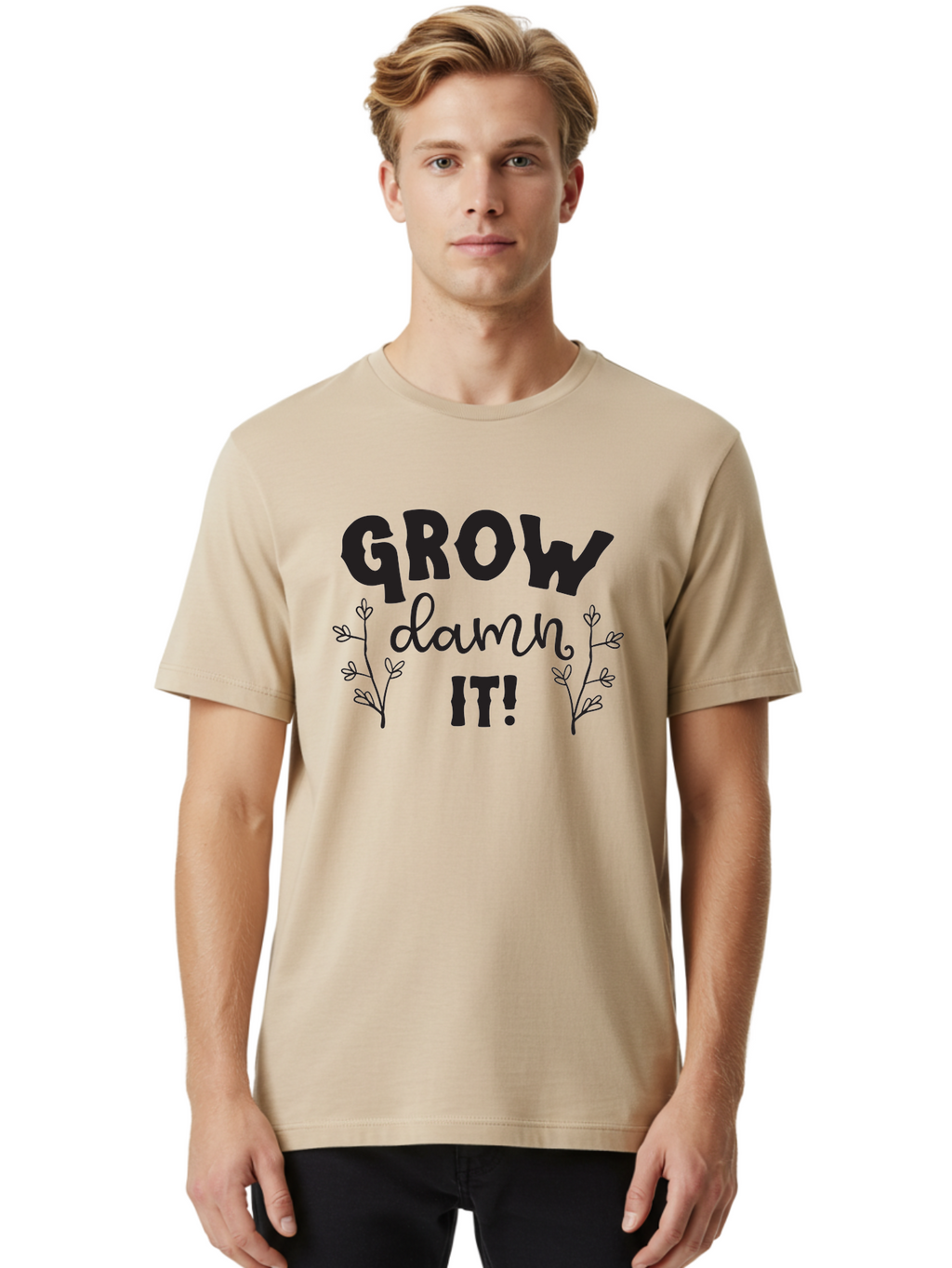 Grow-Damn-It Men'S Graphic Tee, 100% Cotton, Comfortable Casual Summer Wear, Machine Washable, Motivational Quote, Plant Growth, Inspiration, Gardening, Positivity, Growth Mindset, Botanical Illustrations, Typography Art Aac781