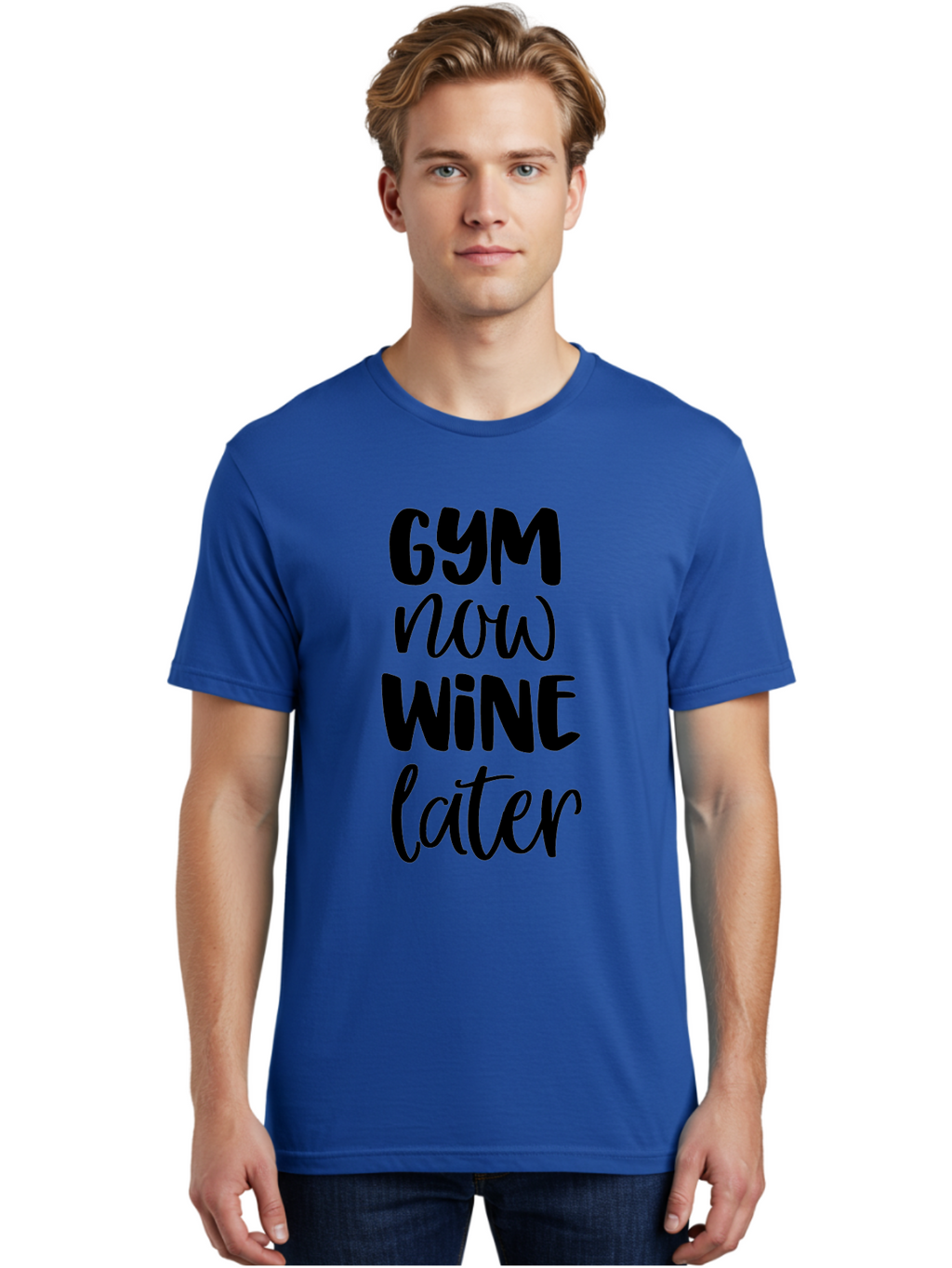 Gym-Now-Wine-Later-1 Men'S Graphic Tee, 100% Cotton, Comfortable Casual Summer Wear, Machine Washable, Gym Motivation, Fitness Quotes, Wine Lover, Fitness Humor, Workout Inspiration, Funny Sayings, Wine Time, Gym Now Wine Later Aac783