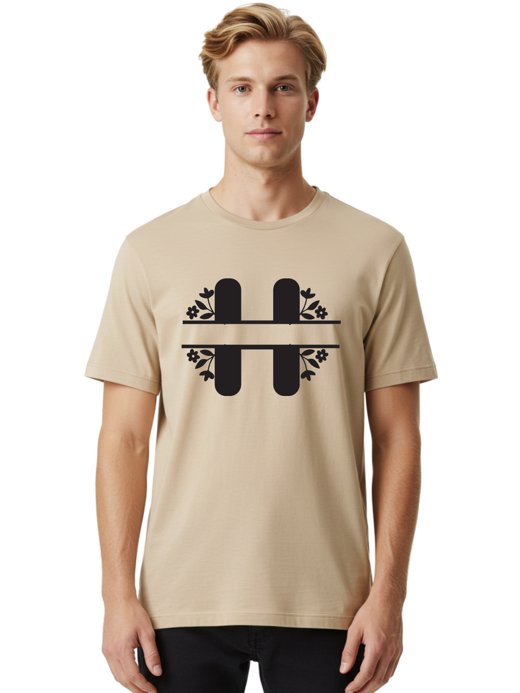 H-Symbol Men'S Graphic Tee, 100% Cotton, Comfortable Casual Summer Wear, Machine Washable, Stylized Letter H, Floral Accents, Decorative Typography, Black And Green Color Scheme, Elegant Font, Leaves And Flowers Aac785