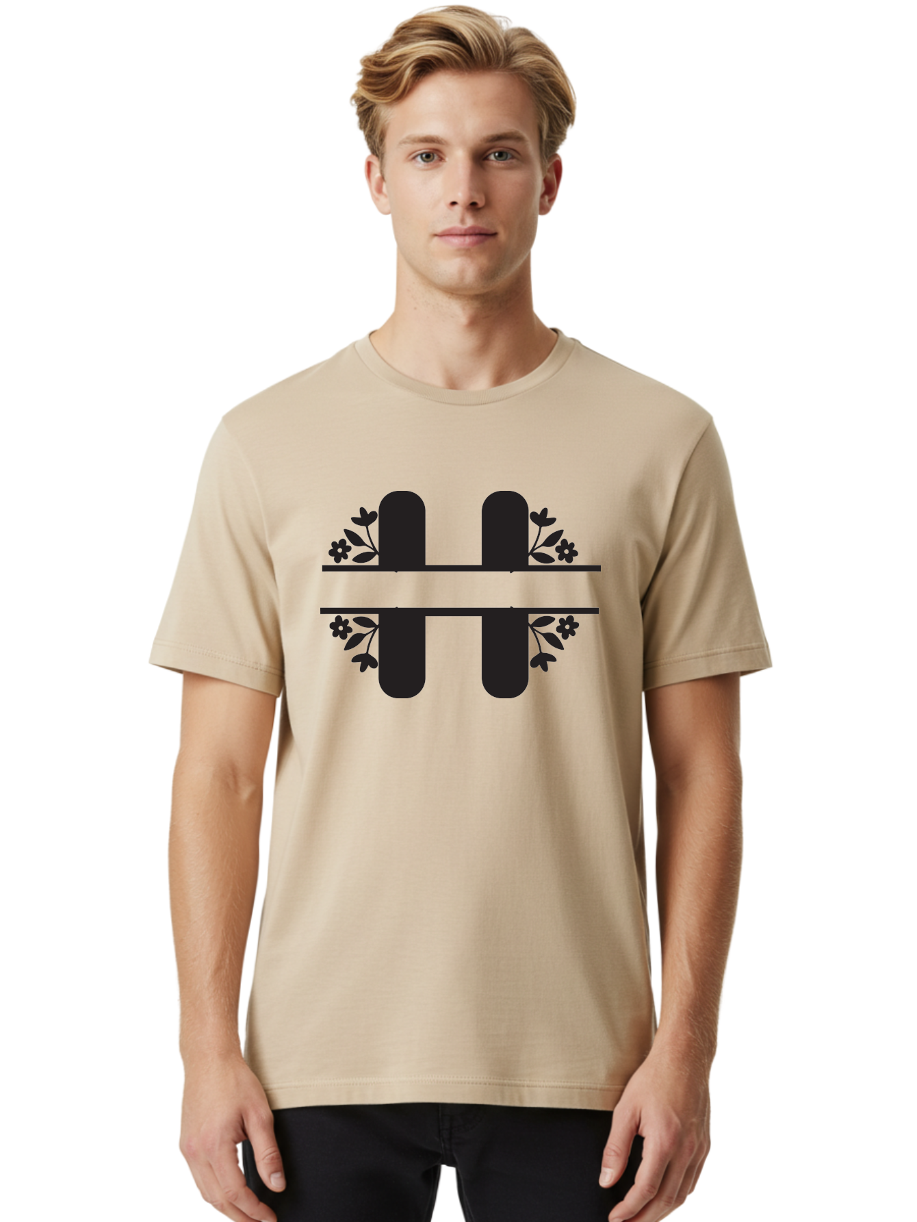 H-Symbol Men'S Graphic Tee, 100% Cotton, Comfortable Casual Summer Wear, Machine Washable, Stylized Letter H, Floral Accents, Decorative Typography, Black And Green Color Scheme, Elegant Font, Leaves And Flowers Aac785