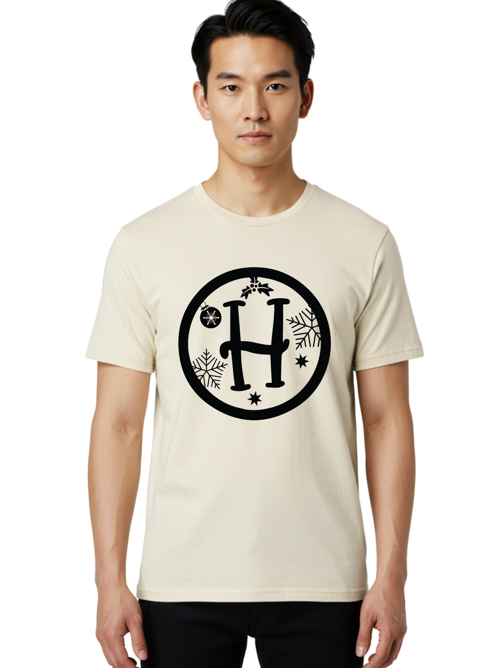 H Men'S Graphic Tee, 100% Cotton, Comfortable Casual Summer Wear, Machine Washable, H Logo, Black Letter, Circular Frame, Snowflakes, Stars, Christmas Ornament, Winter Theme, Festive Design, Holiday Graphics, Decorative Elements Aac786