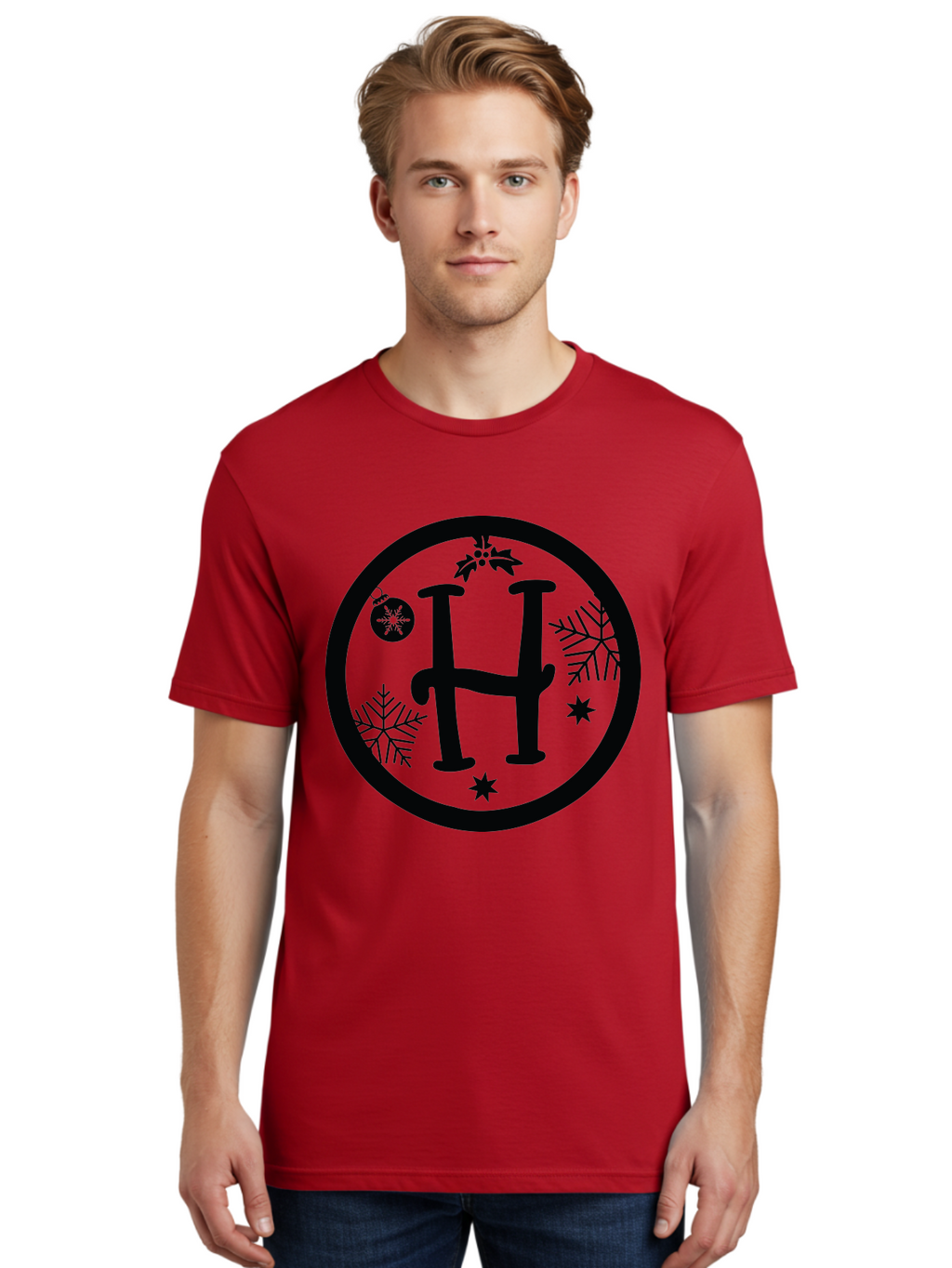 H Men'S Graphic Tee, 100% Cotton, Comfortable Casual Summer Wear, Machine Washable, H Logo, Black Letter, Circular Frame, Snowflakes, Stars, Christmas Ornament, Winter Theme, Festive Design, Holiday Graphics, Decorative Elements Aac786