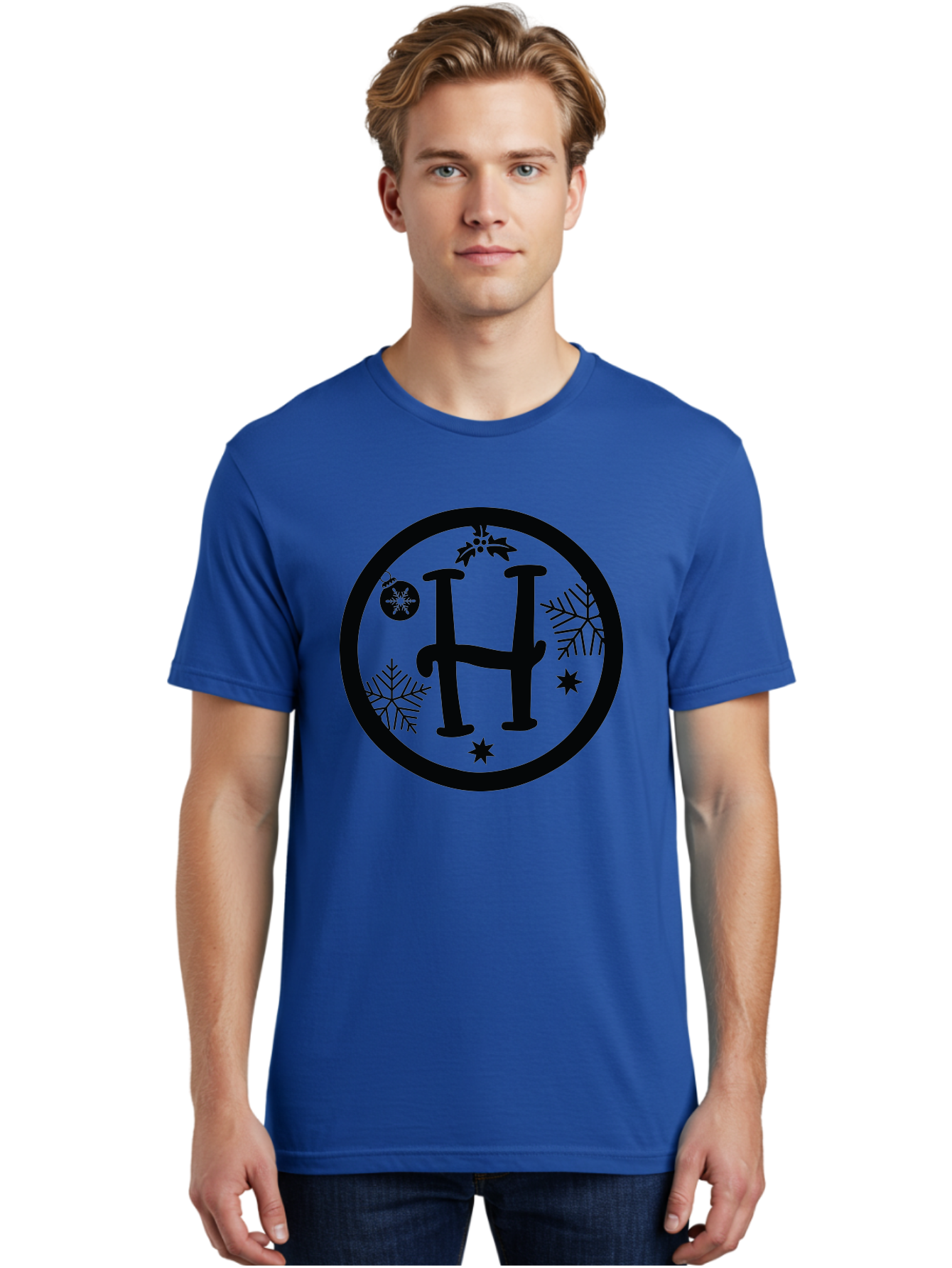 H Men'S Graphic Tee, 100% Cotton, Comfortable Casual Summer Wear, Machine Washable, H Logo, Black Letter, Circular Frame, Snowflakes, Stars, Christmas Ornament, Winter Theme, Festive Design, Holiday Graphics, Decorative Elements Aac786