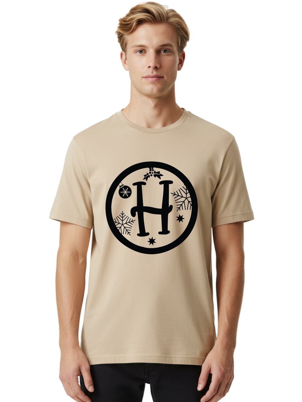 H Men'S Graphic Tee, 100% Cotton, Comfortable Casual Summer Wear, Machine Washable, H Logo, Black Letter, Circular Frame, Snowflakes, Stars, Christmas Ornament, Winter Theme, Festive Design, Holiday Graphics, Decorative Elements Aac786