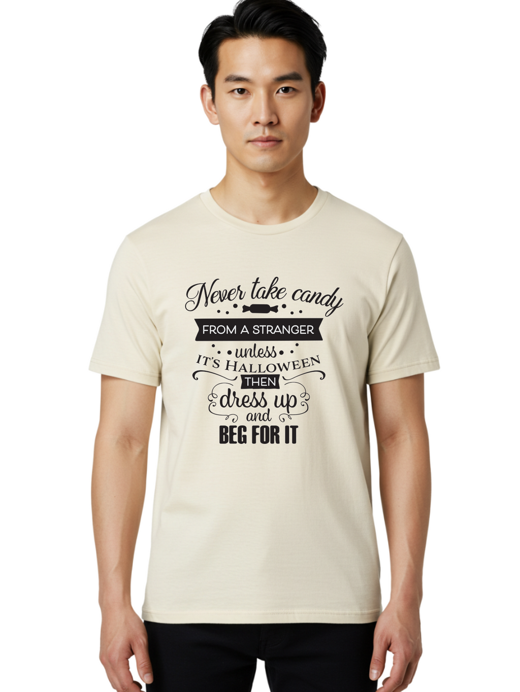 Halloween-Candy-Safety Men'S Graphic Tee, 100% Cotton, Comfortable Casual Summer Wear, Machine Washable, Halloween Safety, Candy From Strangers, Trick-Or-Treat, Halloween Humor, Funny Quotes, Candy Begging, Halloween Fun Aac787