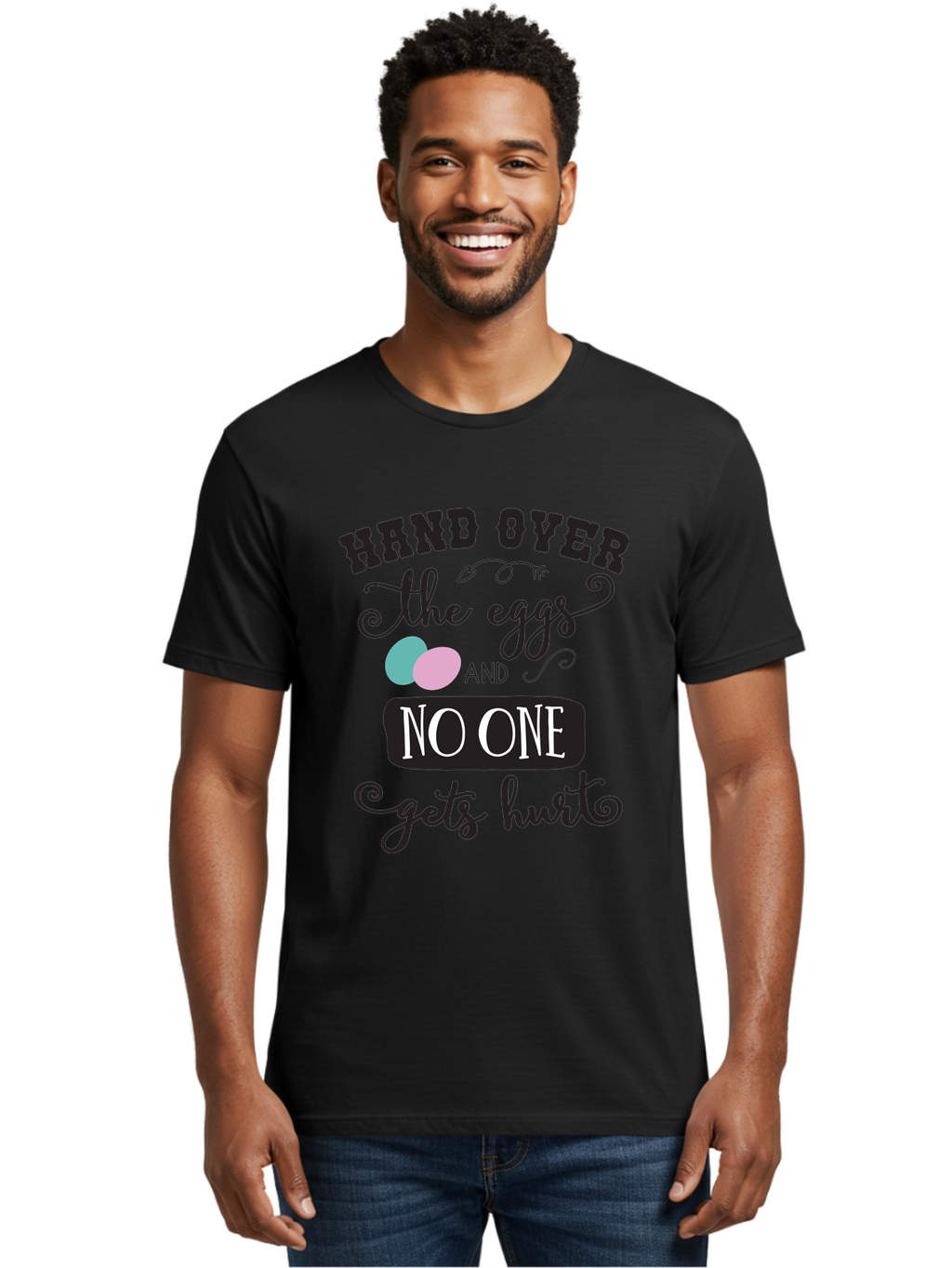 Hand-Over-The-Eggs Men'S Graphic Tee, 100% Cotton, Comfortable Casual Summer Wear, Machine Washable, Humorous Easter Quote, Funny Easter Eggs, Easter Egg Humor, Playful Easter Message, Hand Over The Eggs, No One Gets Hurt Aac790