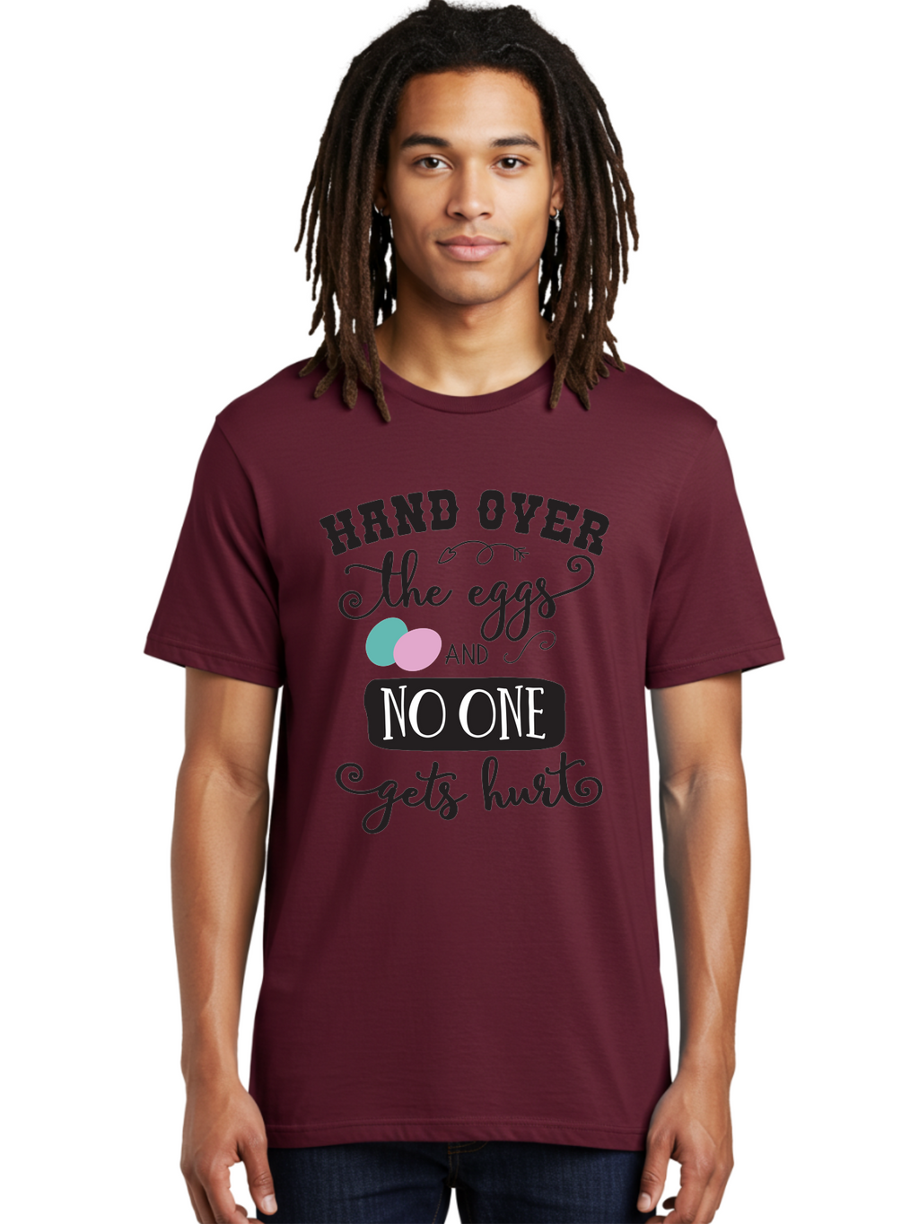 Hand-Over-The-Eggs Men'S Graphic Tee, 100% Cotton, Comfortable Casual Summer Wear, Machine Washable, Humorous Easter Quote, Funny Easter Eggs, Easter Egg Humor, Playful Easter Message, Hand Over The Eggs, No One Gets Hurt Aac790