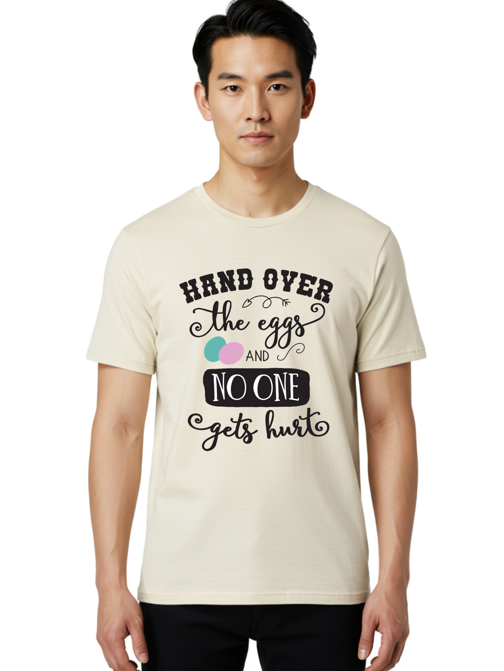 Hand-Over-The-Eggs Men'S Graphic Tee, 100% Cotton, Comfortable Casual Summer Wear, Machine Washable, Humorous Easter Quote, Funny Easter Eggs, Easter Egg Humor, Playful Easter Message, Hand Over The Eggs, No One Gets Hurt Aac790