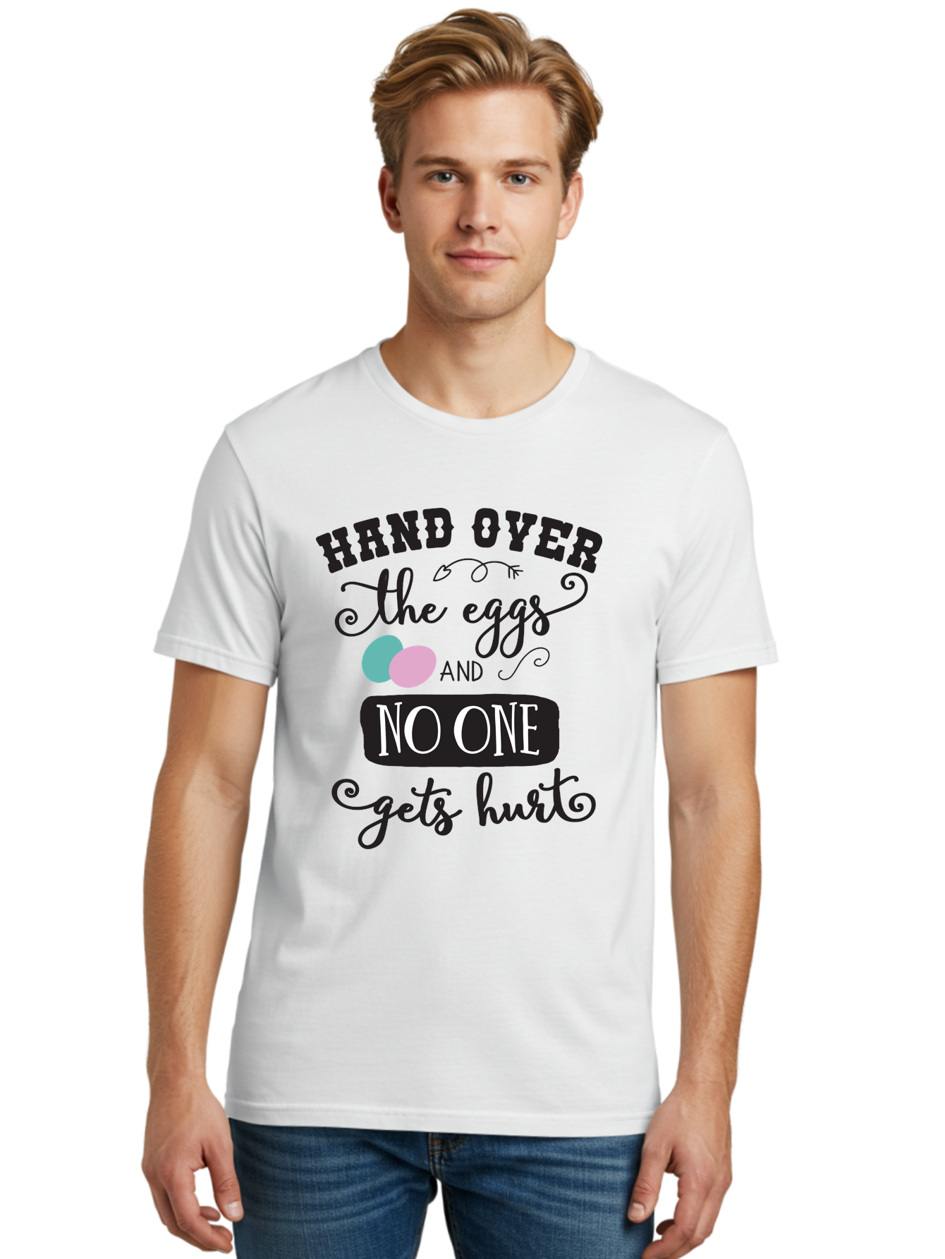 Hand-Over-The-Eggs Men'S Graphic Tee, 100% Cotton, Comfortable Casual Summer Wear, Machine Washable, Humorous Easter Quote, Funny Easter Eggs, Easter Egg Humor, Playful Easter Message, Hand Over The Eggs, No One Gets Hurt Aac790