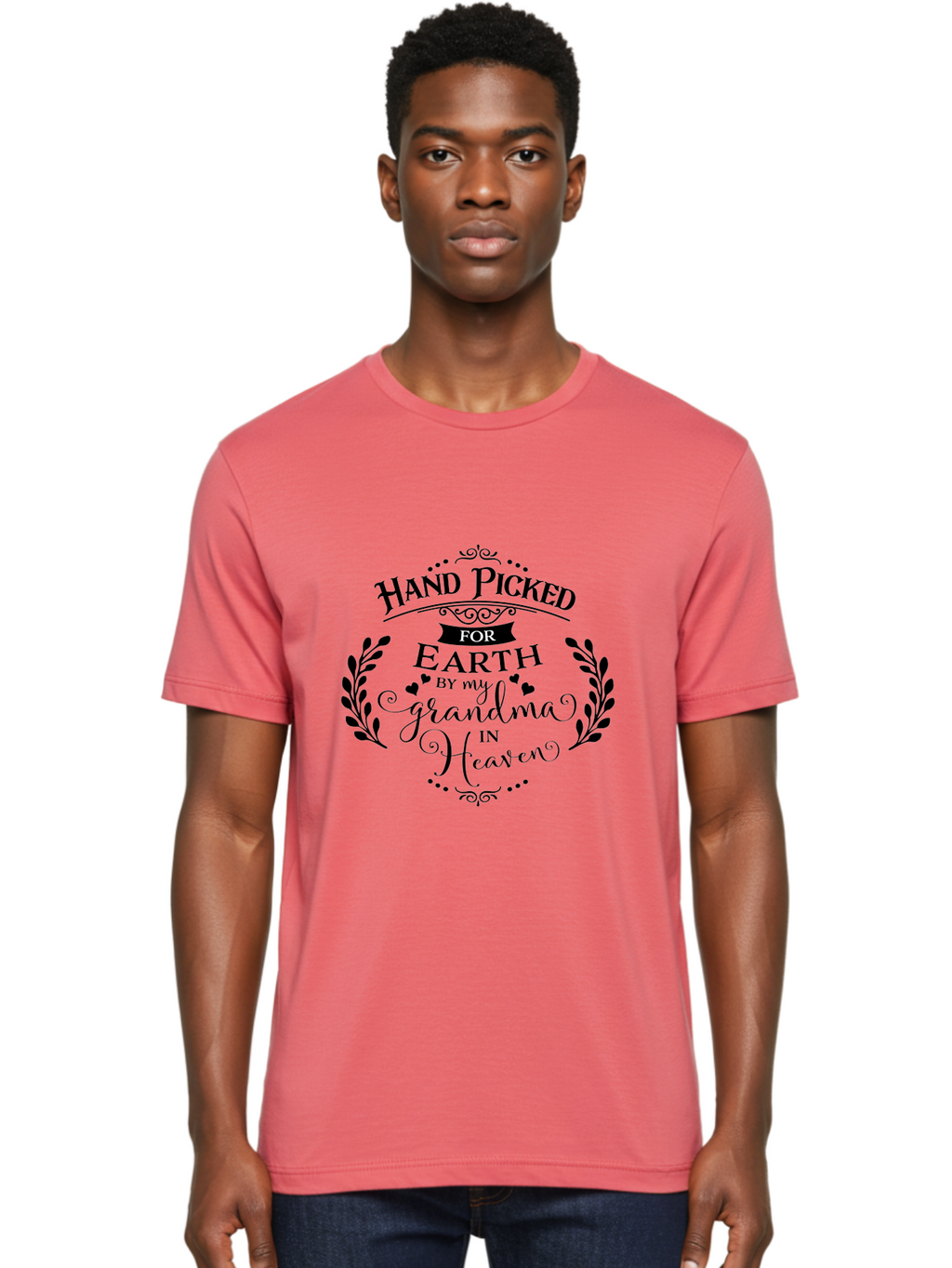 Hand-Picked-For-Earth-By-My-Grandma-In-Heaven Men'S Graphic Tee, 100% Cotton, Comfortable Casual Summer Wear, Machine Washable, Memorial Quote, Tribute To Grandma, Heavenly Love, Family Bond, Inspirational Phrase, Sympathy Gift, Aac791