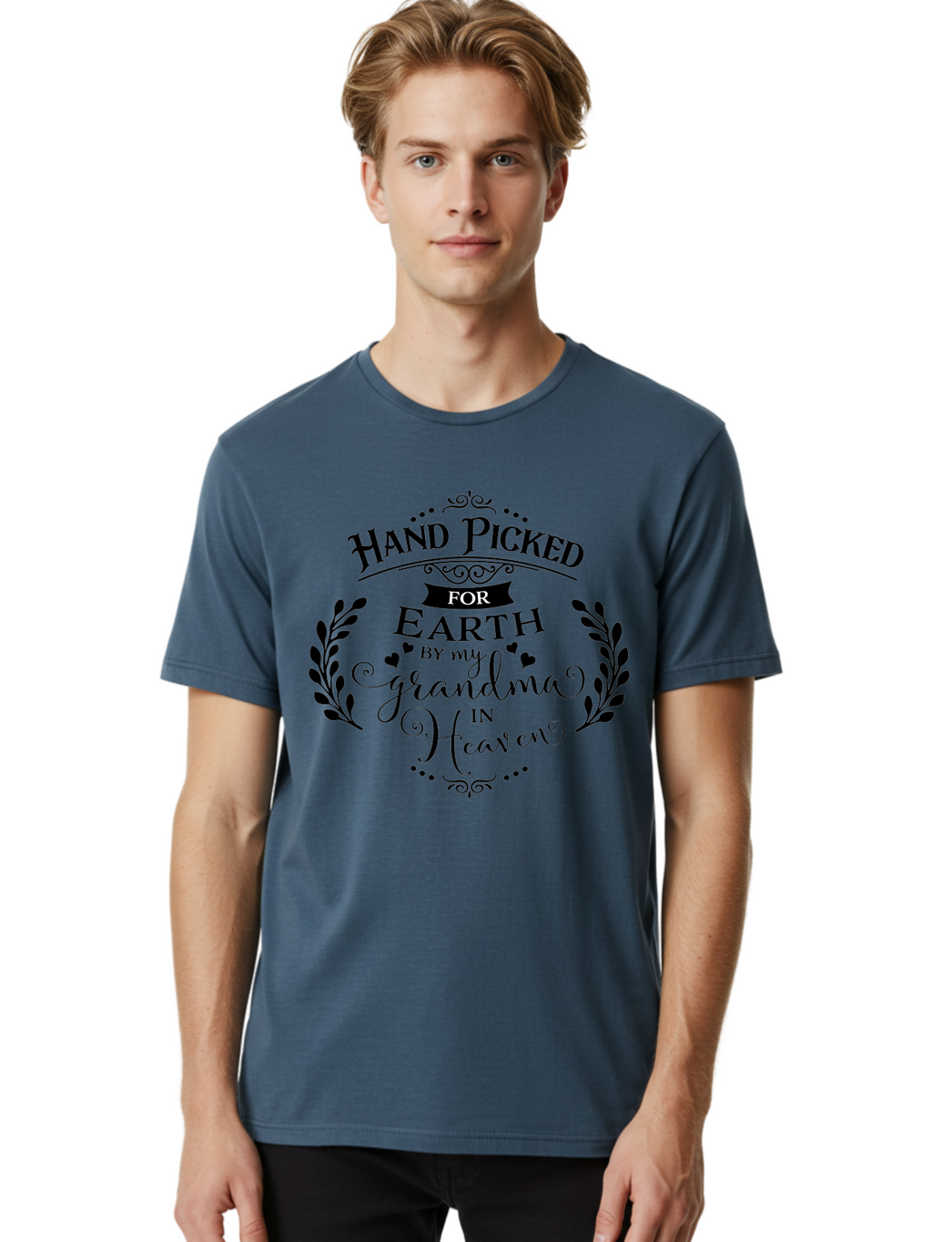 Hand-Picked-For-Earth-By-My-Grandma-In-Heaven Men'S Graphic Tee, 100% Cotton, Comfortable Casual Summer Wear, Machine Washable, Memorial Quote, Tribute To Grandma, Heavenly Love, Family Bond, Inspirational Phrase, Sympathy Gift, Aac791