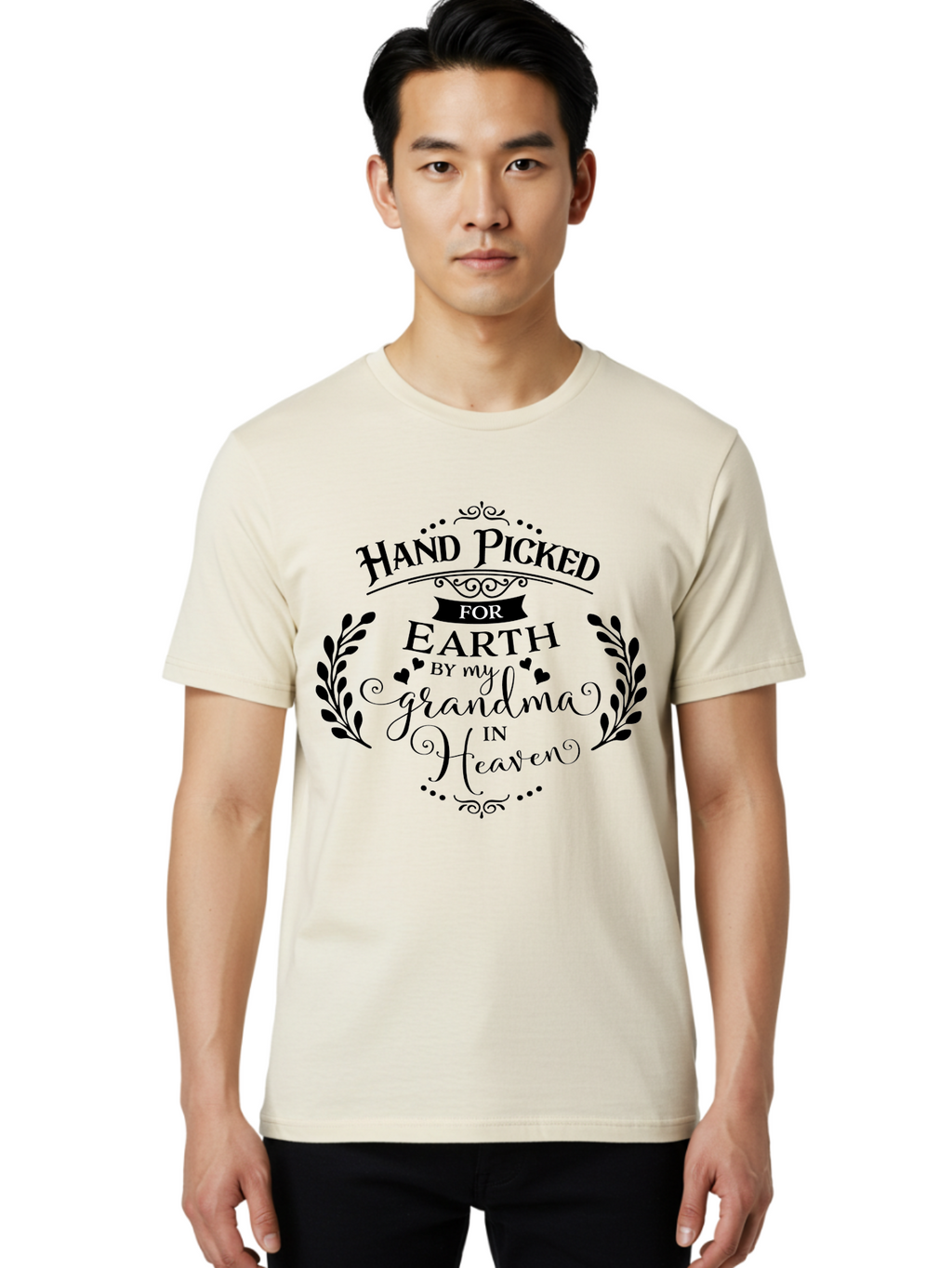 Hand-Picked-For-Earth-By-My-Grandma-In-Heaven Men'S Graphic Tee, 100% Cotton, Comfortable Casual Summer Wear, Machine Washable, Memorial Quote, Tribute To Grandma, Heavenly Love, Family Bond, Inspirational Phrase, Sympathy Gift, Aac791