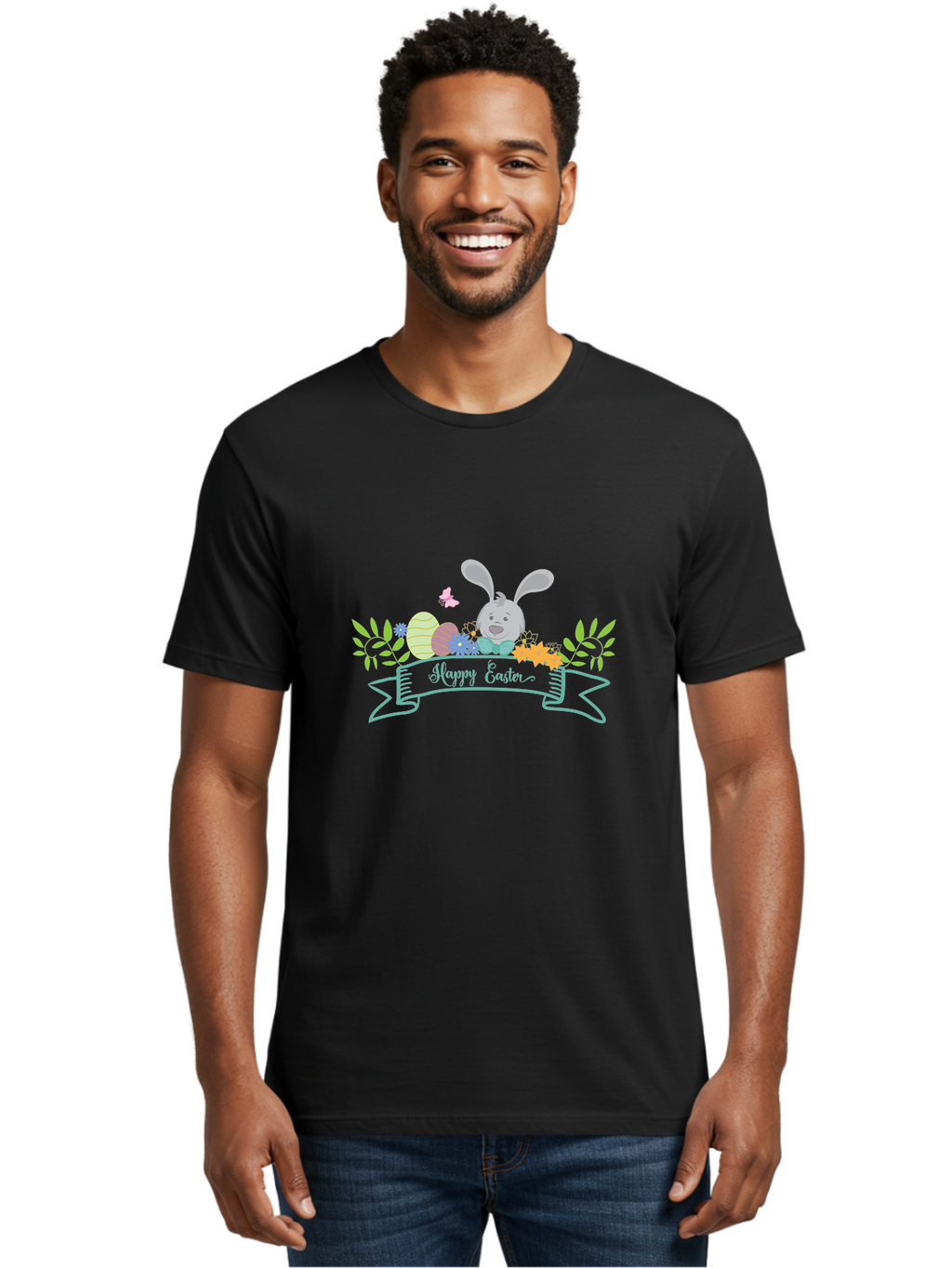 Happy-Easter-1 Men'S Graphic Tee, 100% Cotton, Comfortable Casual Summer Wear, Machine Washable, Easter Bunny, Easter Eggs, Decorated Eggs, Spring Flowers, Festive Atmosphere, Pastel Colors, Cartoon Style, Easter Greeting, Joyful Celebration, Aac795