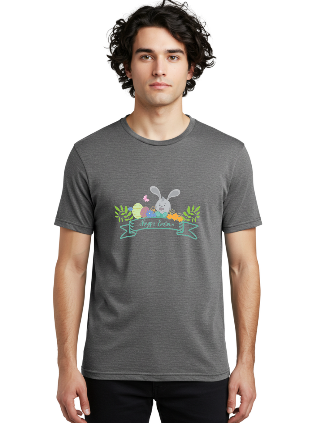 Happy-Easter-1 Men'S Graphic Tee, 100% Cotton, Comfortable Casual Summer Wear, Machine Washable, Easter Bunny, Easter Eggs, Decorated Eggs, Spring Flowers, Festive Atmosphere, Pastel Colors, Cartoon Style, Easter Greeting, Joyful Celebration, Aac795