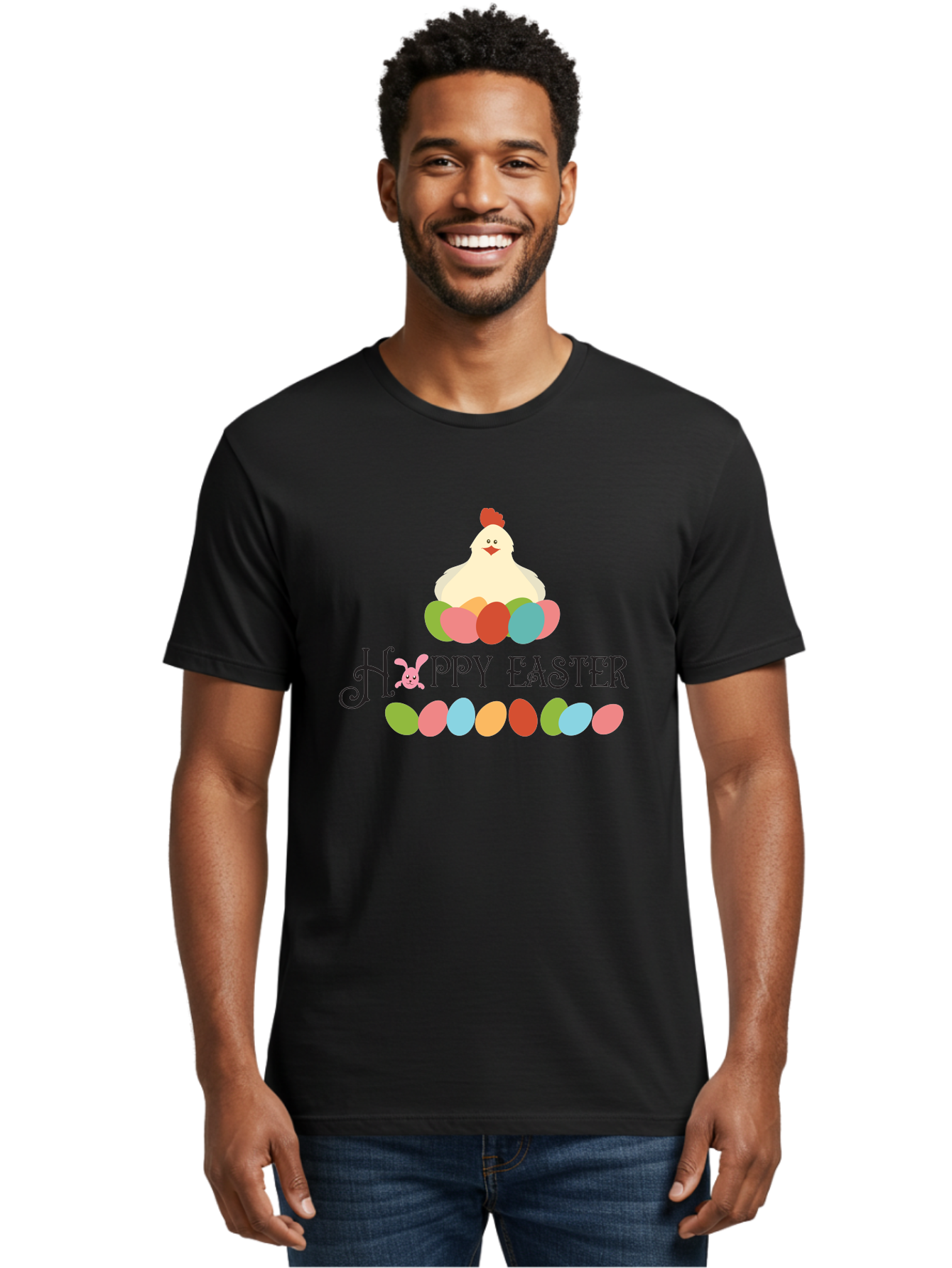 Happy-Easter Men'S Graphic Tee, 100% Cotton, Comfortable Casual Summer Wear, Machine Washable, Easter Eggs, Happy Easter, Easter Bunny, Easter Egg Hunt, Easter Celebration, Colorful Eggs, Spring Season, Chickens And Eggs Aac796