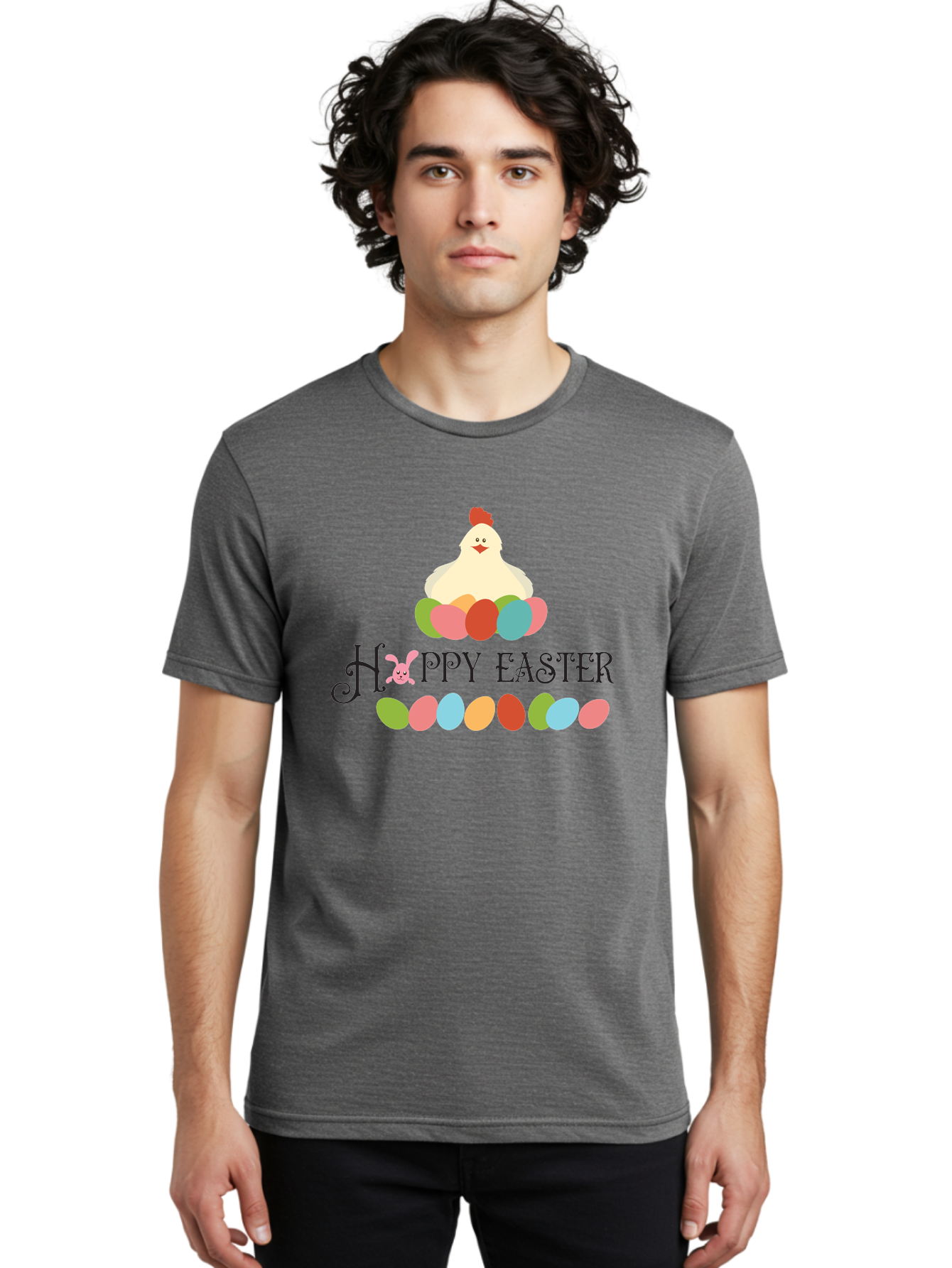 Happy-Easter Men'S Graphic Tee, 100% Cotton, Comfortable Casual Summer Wear, Machine Washable, Easter Eggs, Happy Easter, Easter Bunny, Easter Egg Hunt, Easter Celebration, Colorful Eggs, Spring Season, Chickens And Eggs Aac796