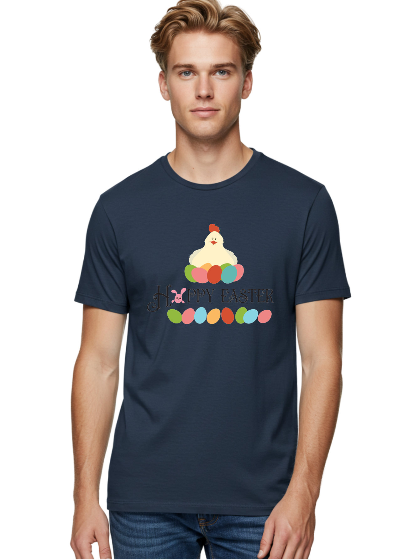 Happy-Easter Men'S Graphic Tee, 100% Cotton, Comfortable Casual Summer Wear, Machine Washable, Easter Eggs, Happy Easter, Easter Bunny, Easter Egg Hunt, Easter Celebration, Colorful Eggs, Spring Season, Chickens And Eggs Aac796