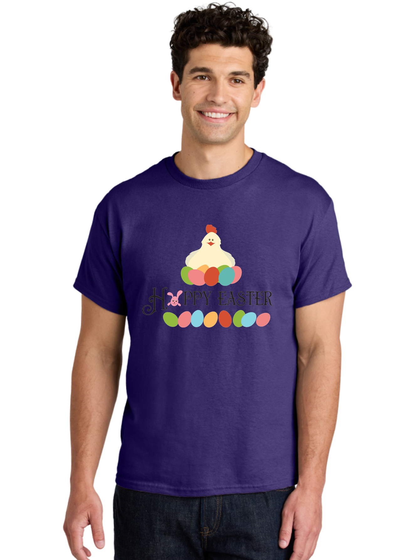 Happy-Easter Men'S Graphic Tee, 100% Cotton, Comfortable Casual Summer Wear, Machine Washable, Easter Eggs, Happy Easter, Easter Bunny, Easter Egg Hunt, Easter Celebration, Colorful Eggs, Spring Season, Chickens And Eggs Aac796