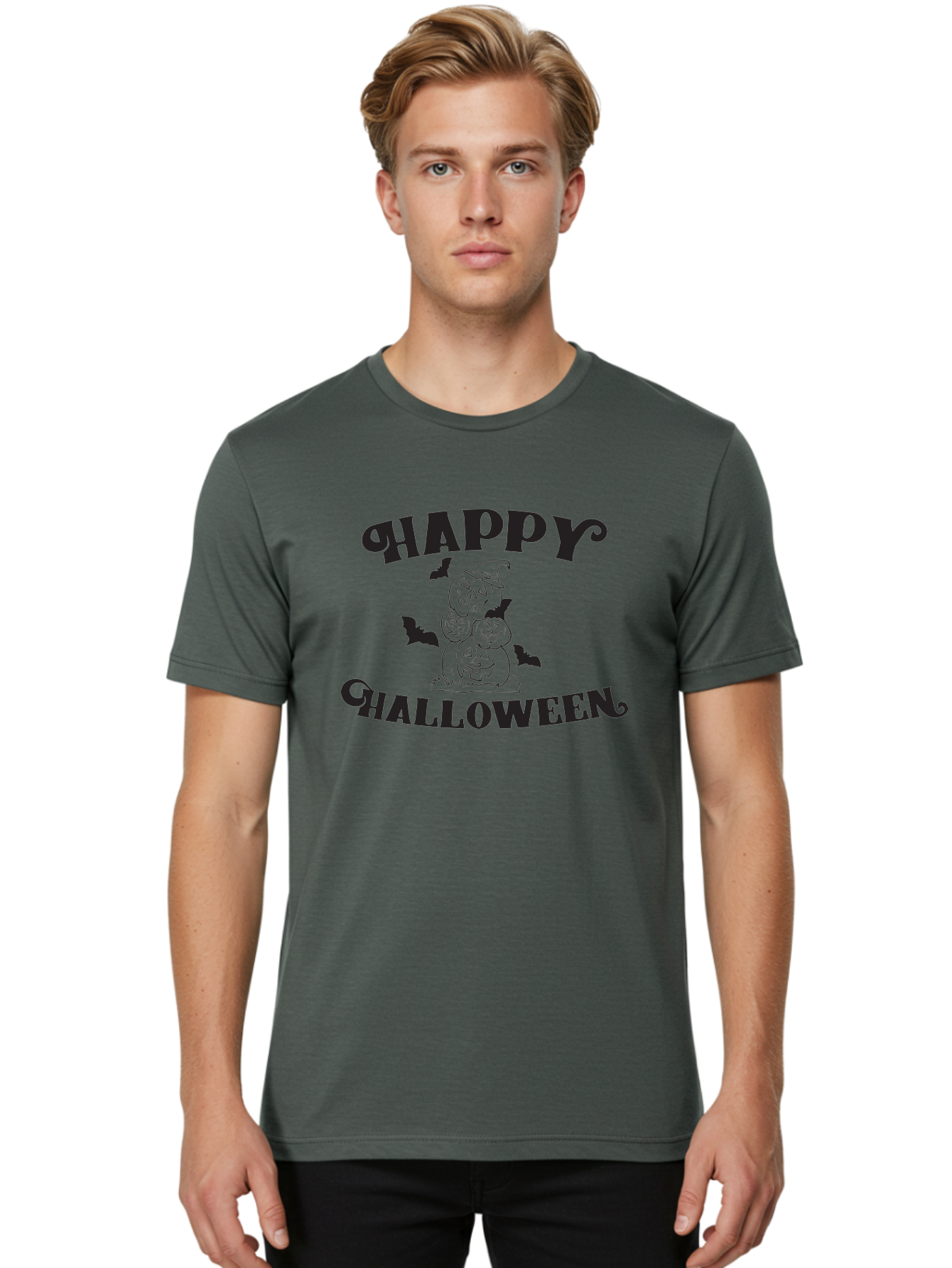 Happy-Halloween Men'S Graphic Tee, 100% Cotton, Comfortable Casual Summer Wear, Machine Washable, Halloween Pumpkins, Jack O' Lanterns, Spooky Bats, Pumpkin Stack, Witch Hat, Halloween Graphics, Halloween Illustrations, Seasonal Design, Aac797