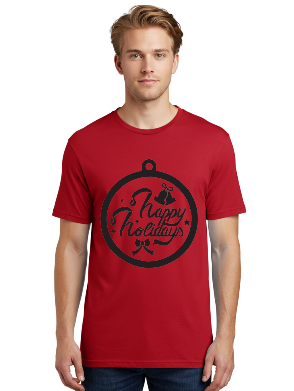 Happy-Holidays Men'S Graphic Tee, 100% Cotton, Comfortable Casual Summer Wear, Machine Washable, Happy Holidays, Christmas Ornament, Holiday Greeting, Festive Decoration, Black Silhouette, Bells And Bow, Stars, Holiday Cheer, Christmas Gift, Aac798