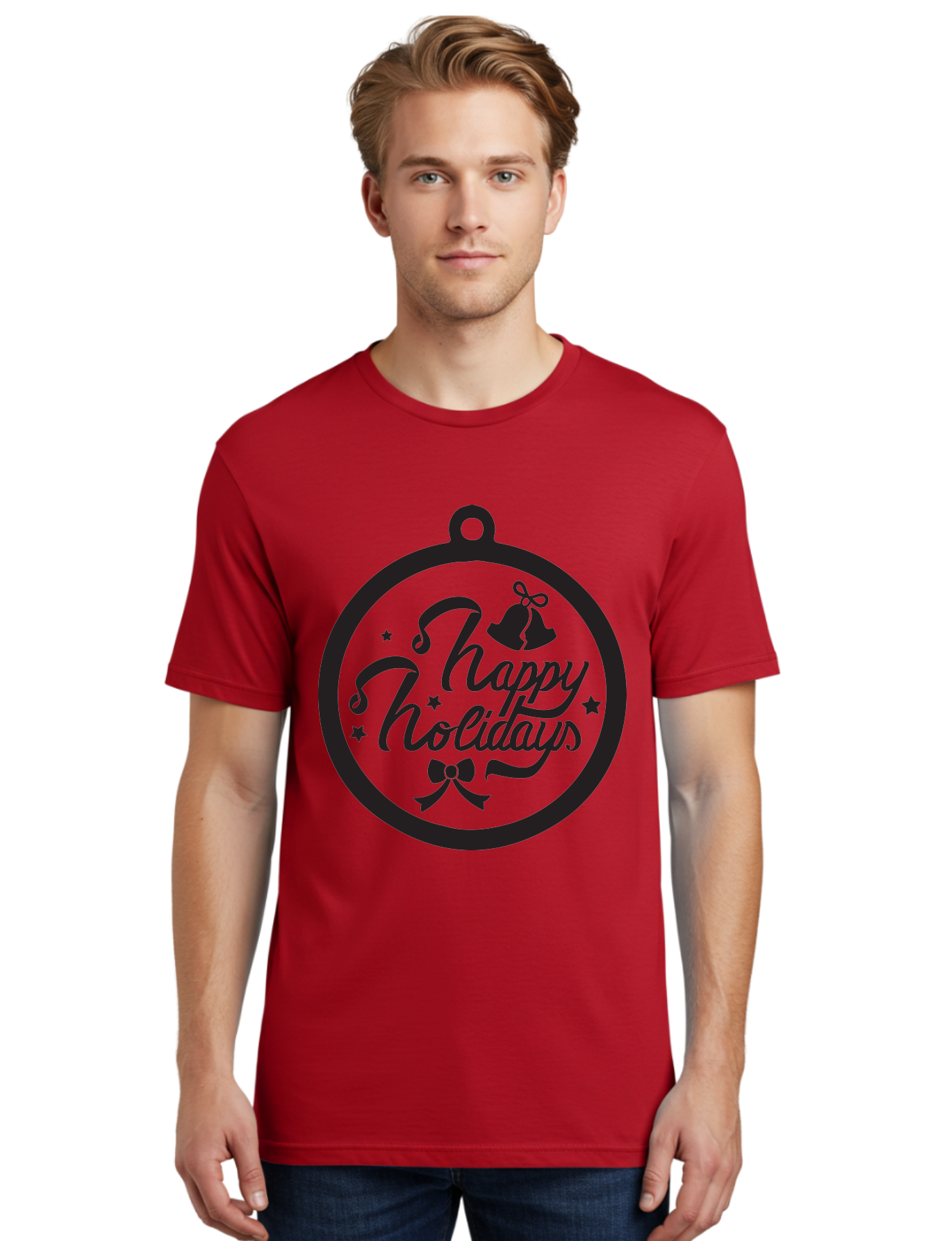 Happy-Holidays Men'S Graphic Tee, 100% Cotton, Comfortable Casual Summer Wear, Machine Washable, Happy Holidays, Christmas Ornament, Holiday Greeting, Festive Decoration, Black Silhouette, Bells And Bow, Stars, Holiday Cheer, Christmas Gift, Aac798