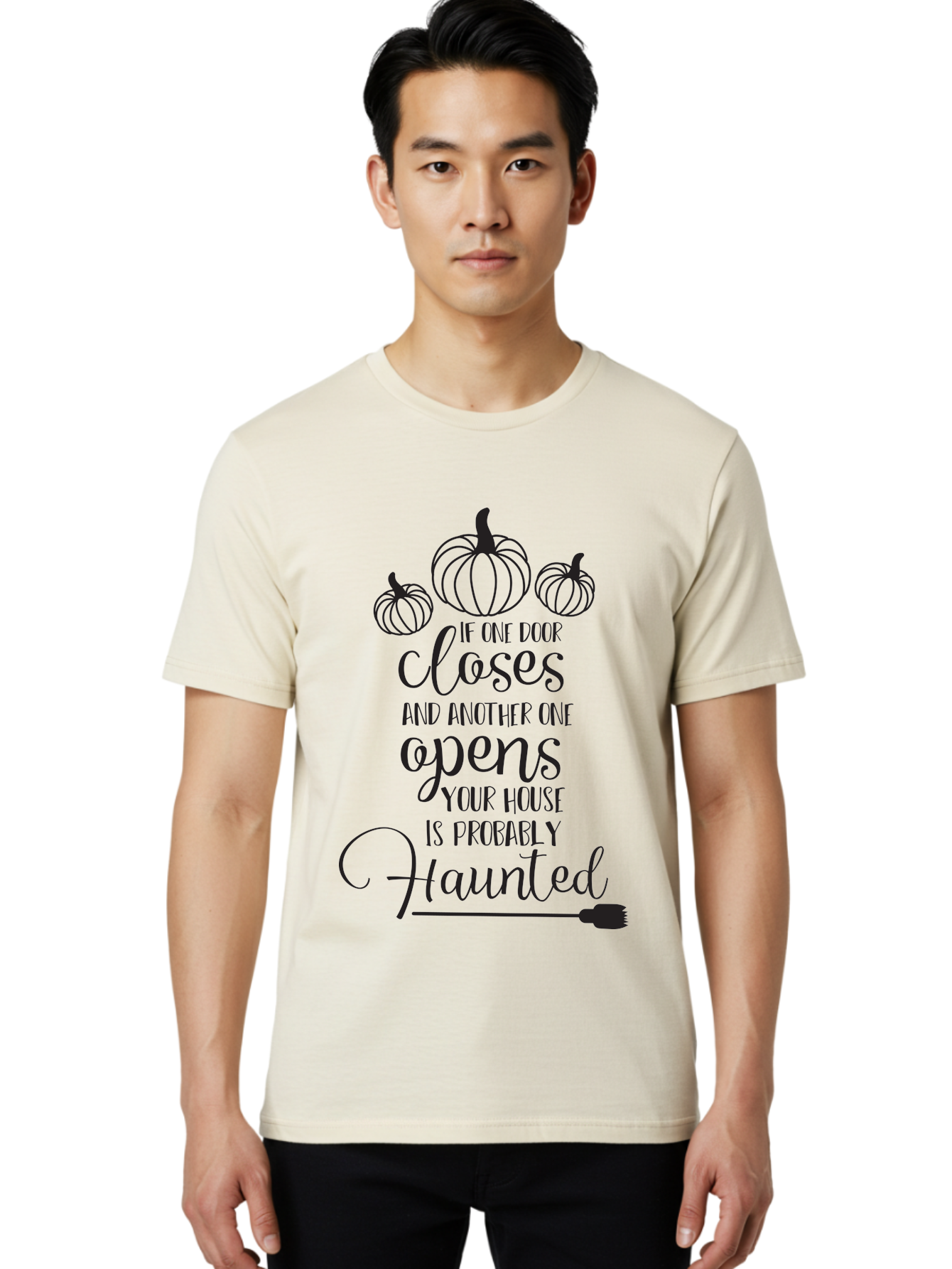 Haunted-House-Quote Men'S Graphic Tee, 100% Cotton, Comfortable Casual Summer Wear, Machine Washable, Halloween Quote, Spooky Sayings, Haunted House, Autumn Decorations, Pumpkin Illustrations, Black Silhouettes, Witch'S Broom, Fall Vibes, Aac799