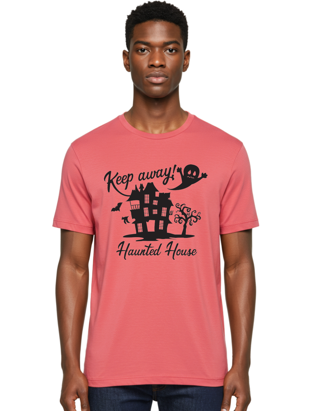 Haunted-House Men'S Graphic Tee, 100% Cotton, Comfortable Casual Summer Wear, Machine Washable, Spooky Haunted House, Ghostly Apparitions, Haunted Mansion, Creepy Atmosphere, Scary Halloween Decorations, Bats, Ghost, Keep Away, Haunted House, Aac800