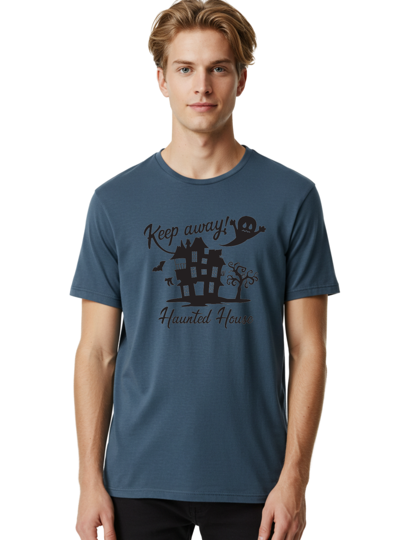 Haunted-House Men'S Graphic Tee, 100% Cotton, Comfortable Casual Summer Wear, Machine Washable, Spooky Haunted House, Ghostly Apparitions, Haunted Mansion, Creepy Atmosphere, Scary Halloween Decorations, Bats, Ghost, Keep Away, Haunted House, Aac800