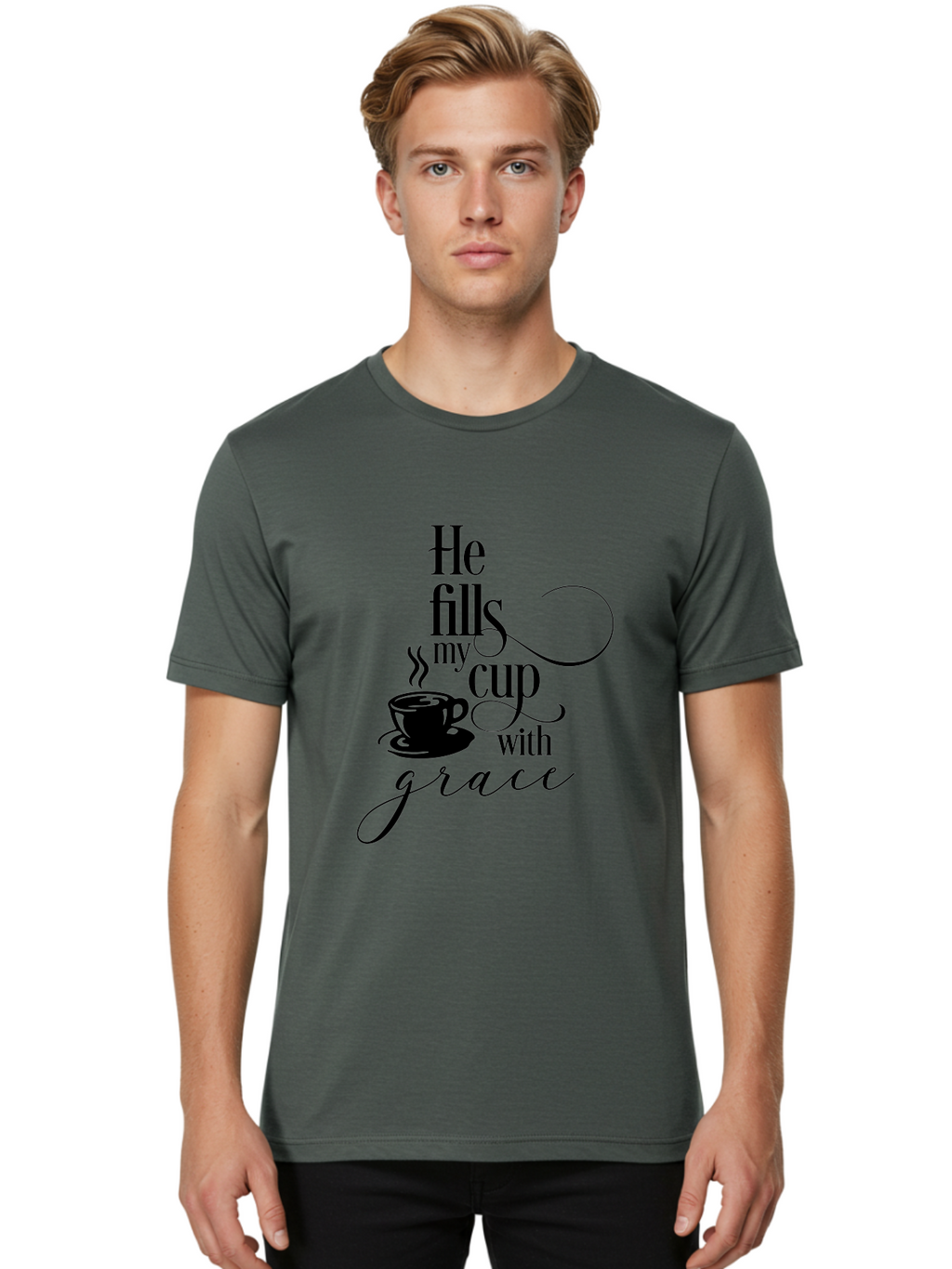 He-Fills-My-Cup-With-Grace Men'S Graphic Tee, 100% Cotton, Comfortable Casual Summer Wear, Machine Washable, Inspirational Quote, Coffee Cup, Steaming Hot, Morning Motivation, Faith-Based Design, Coffee Break, Motivational Words, Aac802