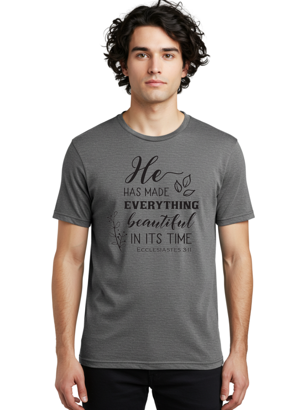 He-Has-Made-Everything-Beautiful-In-Its-Time Men'S Graphic Tee, 100% Cotton, Comfortable Casual Summer Wear, Machine Washable, Inspirational Quote, He Has Made Everything Beautiful In Its Time, Scripture Art, Floral Design, Bible Verse, Aac803