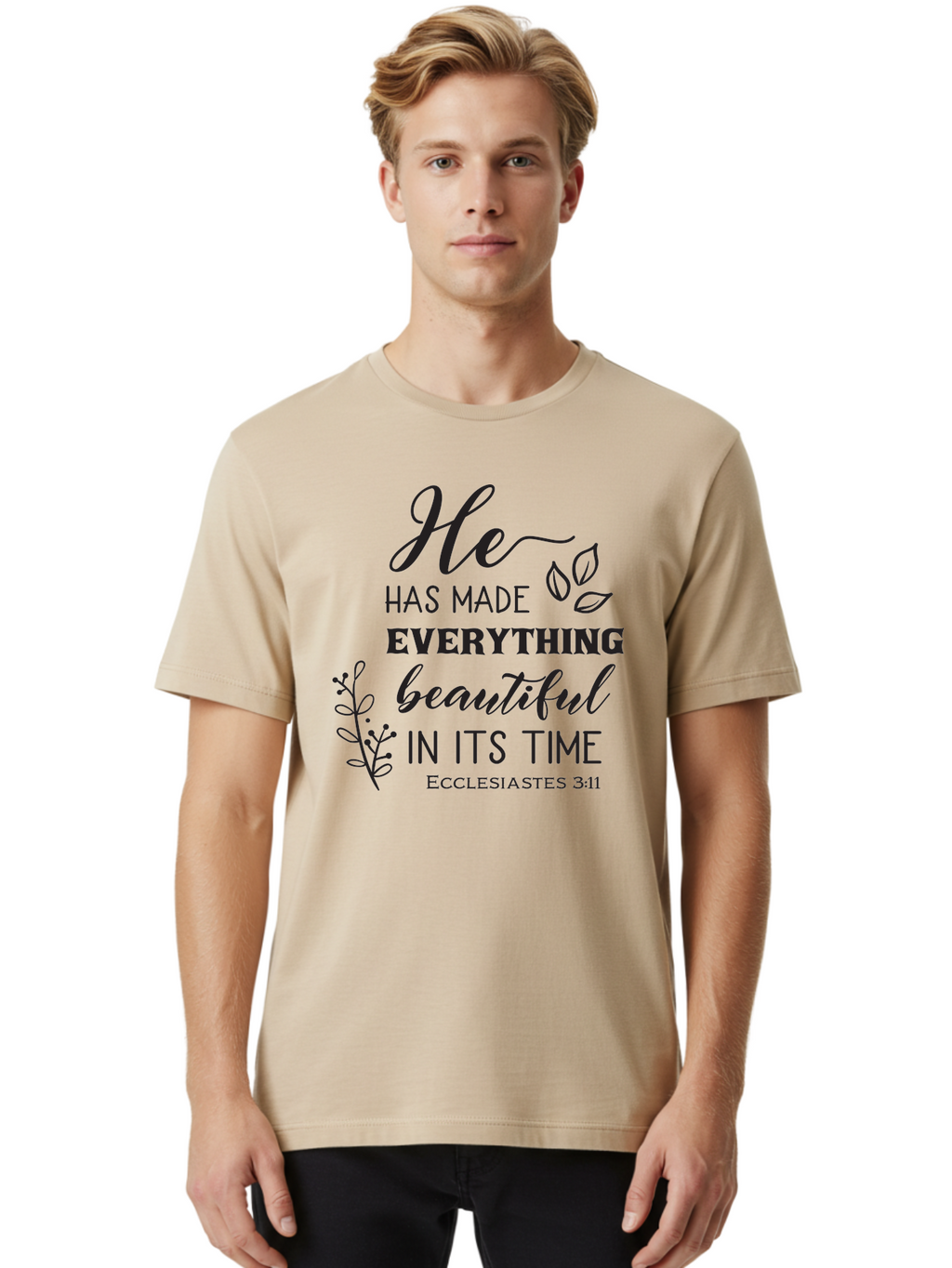 He-Has-Made-Everything-Beautiful-In-Its-Time Men'S Graphic Tee, 100% Cotton, Comfortable Casual Summer Wear, Machine Washable, Inspirational Quote, He Has Made Everything Beautiful In Its Time, Scripture Art, Floral Design, Bible Verse, Aac803