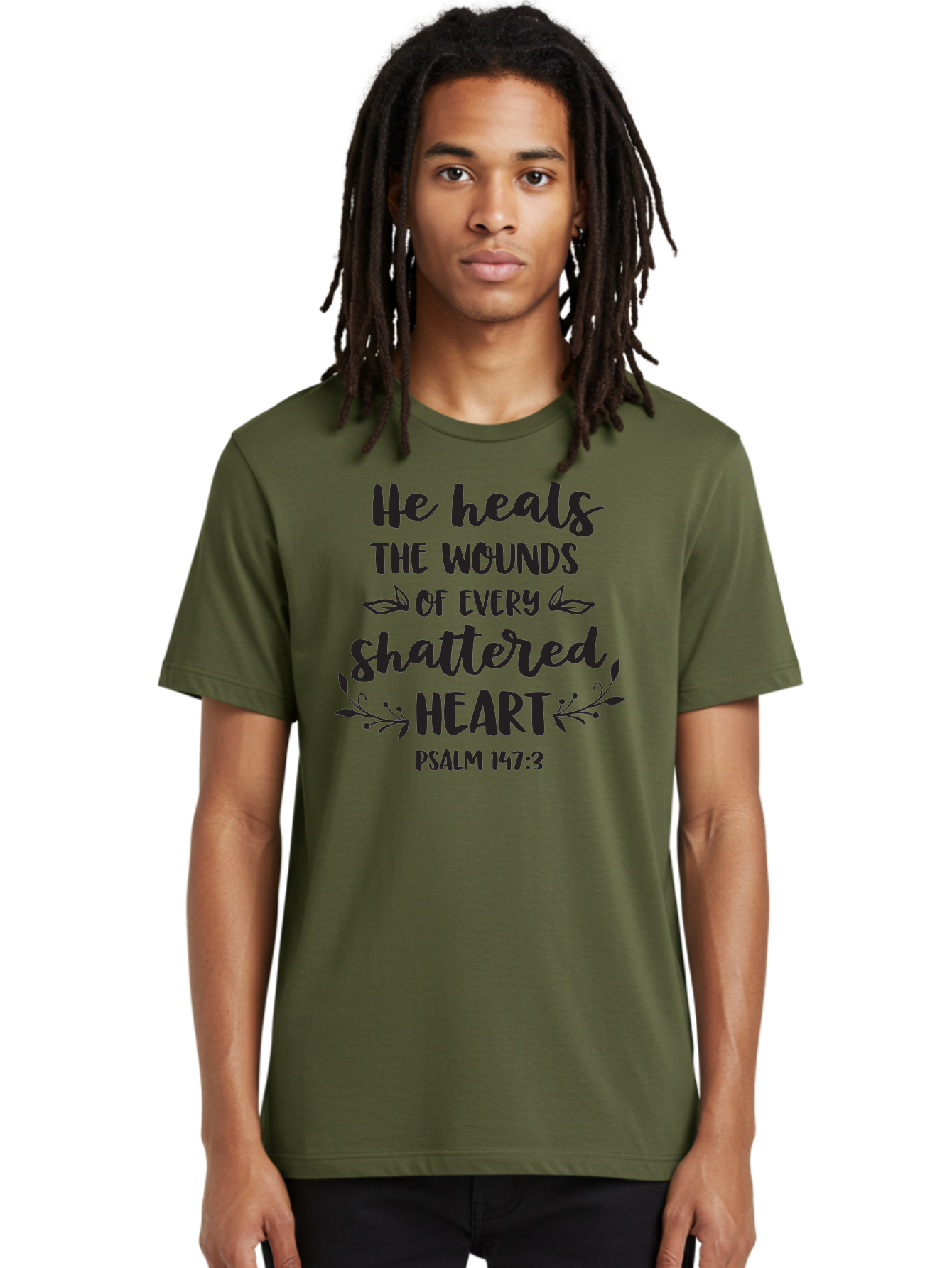 He-Heals-The-Wounds-Of-Every-Shattered-Heart-Psalm-147-3 Men'S Graphic Tee, 100% Cotton, Comfortable Casual Summer Wear, Machine Washable, Inspirational Quote, Bible Verse, Healing Scripture, Psalm 147:3, Heart Healing, Faith Based, Aac804