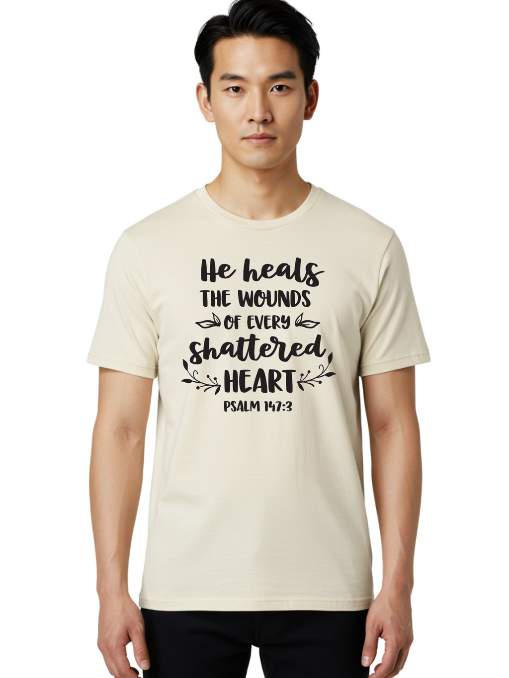 He-Heals-The-Wounds-Of-Every-Shattered-Heart-Psalm-147-3 Men'S Graphic Tee, 100% Cotton, Comfortable Casual Summer Wear, Machine Washable, Inspirational Quote, Bible Verse, Healing Scripture, Psalm 147:3, Heart Healing, Faith Based, Aac804