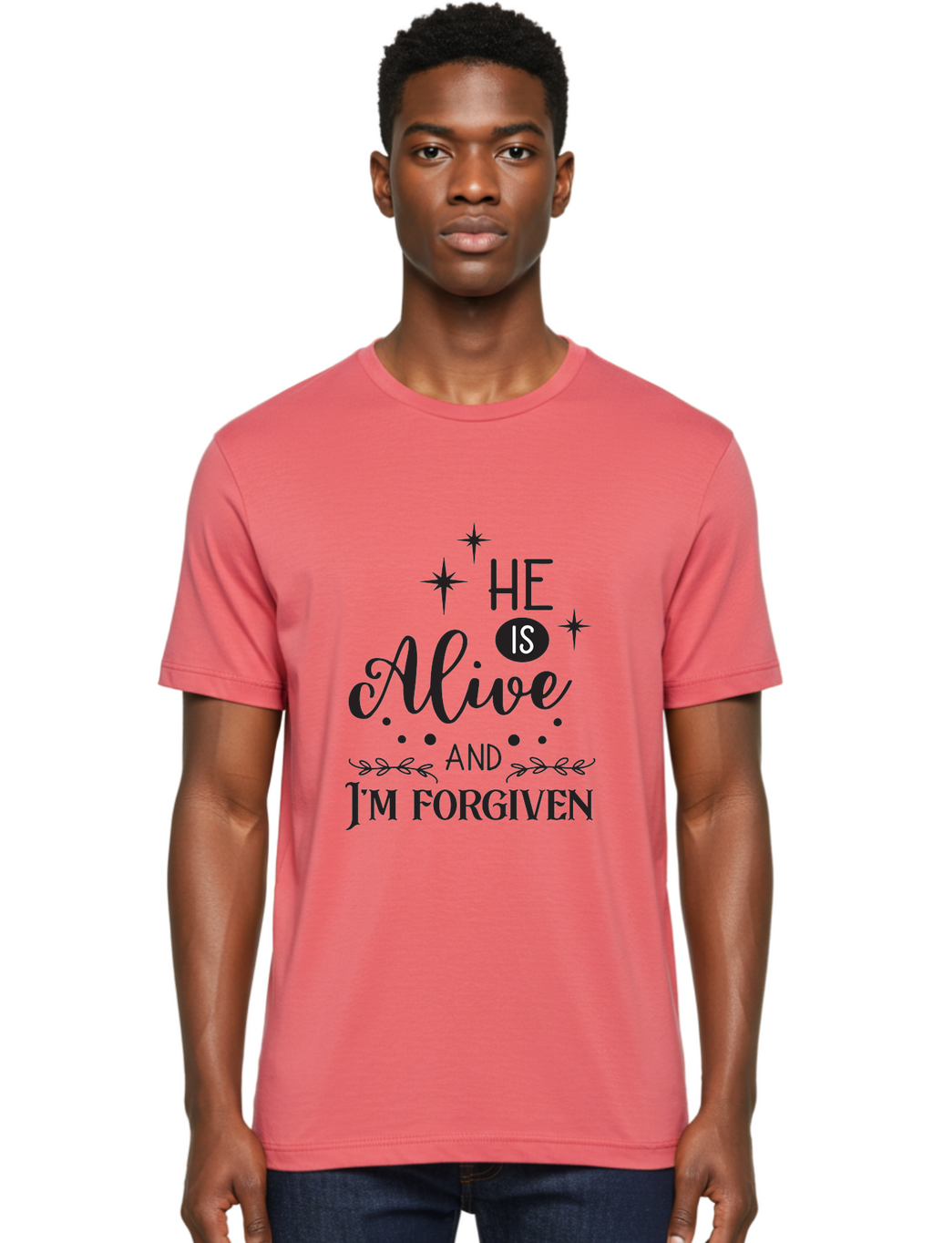 He-Is-Alive-And-I-M-Forgiven Men'S Graphic Tee, 100% Cotton, Comfortable Casual Summer Wear, Machine Washable, Inspirational Quote, Christian Message, Faith And Spirituality, Religious Text, Forgiveness And Salvation, Motivational Words, Aac805