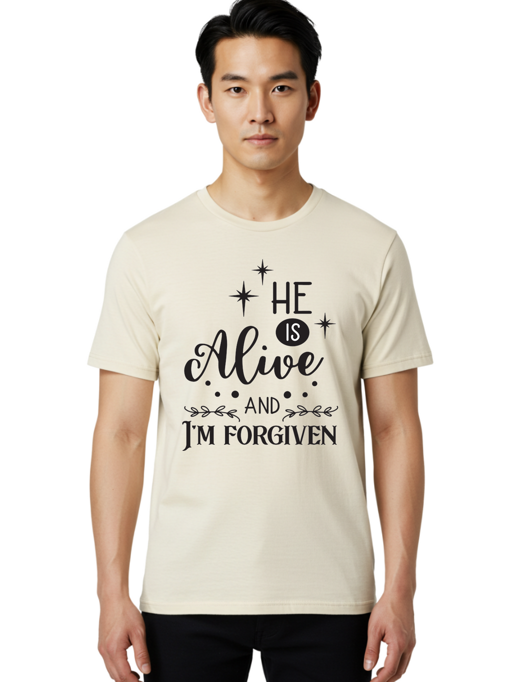 He-Is-Alive-And-I-M-Forgiven Men'S Graphic Tee, 100% Cotton, Comfortable Casual Summer Wear, Machine Washable, Inspirational Quote, Christian Message, Faith And Spirituality, Religious Text, Forgiveness And Salvation, Motivational Words, Aac805