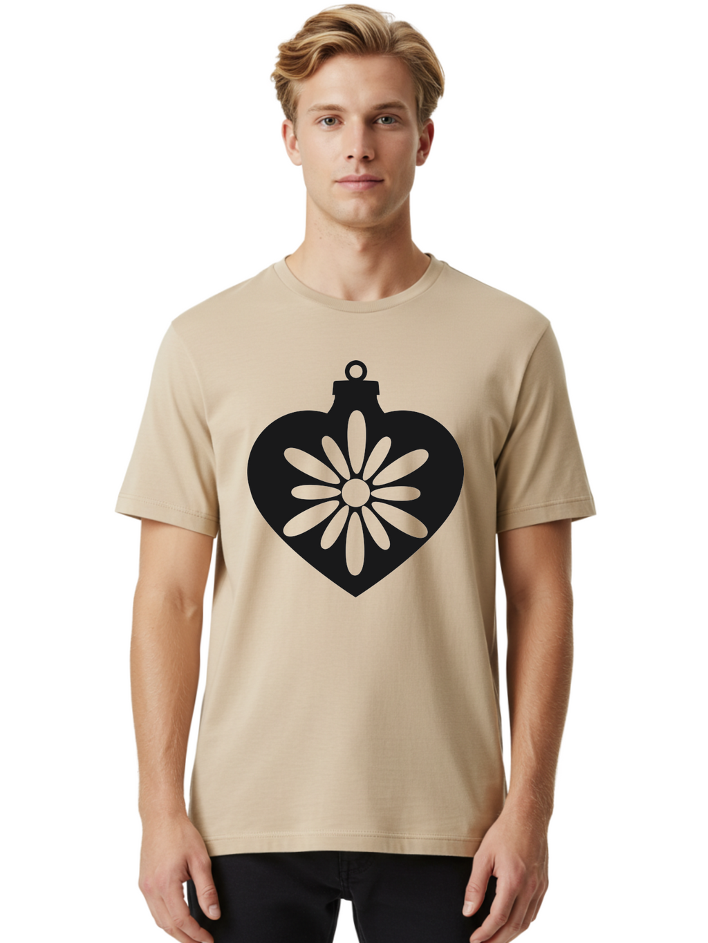 Heart-Ornament-With-Flower Men'S Graphic Tee, 100% Cotton, Comfortable Casual Summer Wear, Machine Washable, Heart Shaped Ornament, Floral Design, Flower Pattern, Black Silhouette, Green Accents, Christmas Decoration, Festive Symbol, Aac809