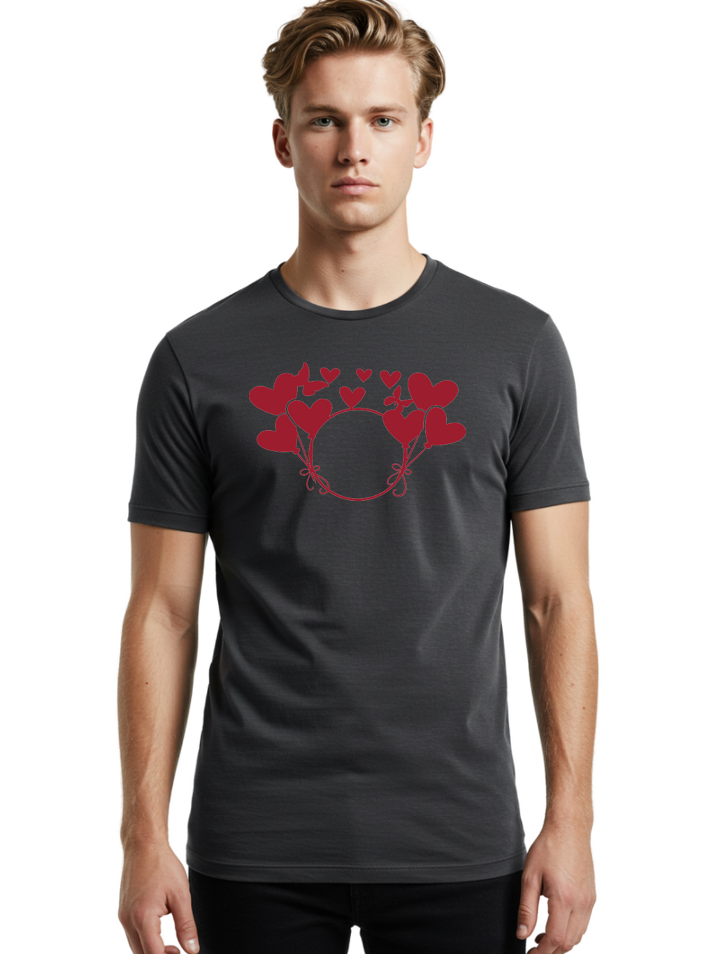 Heart-Wreath Men'S Graphic Tee, 100% Cotton, Comfortable Casual Summer Wear, Machine Washable, Heart-Shaped Frame, Floral Wreath, Red Hearts, Love Symbol, Decorative Border, Heart Design, Romantic Theme, Valentines Day Aac810