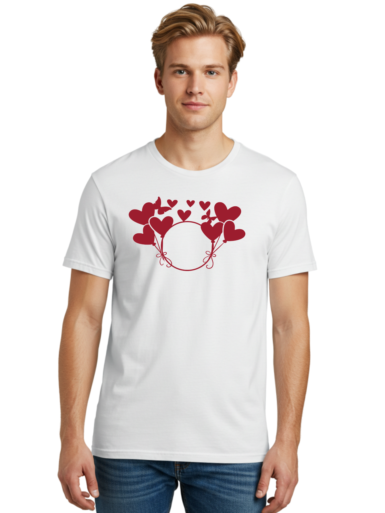 Heart-Wreath Men'S Graphic Tee, 100% Cotton, Comfortable Casual Summer Wear, Machine Washable, Heart-Shaped Frame, Floral Wreath, Red Hearts, Love Symbol, Decorative Border, Heart Design, Romantic Theme, Valentines Day Aac810