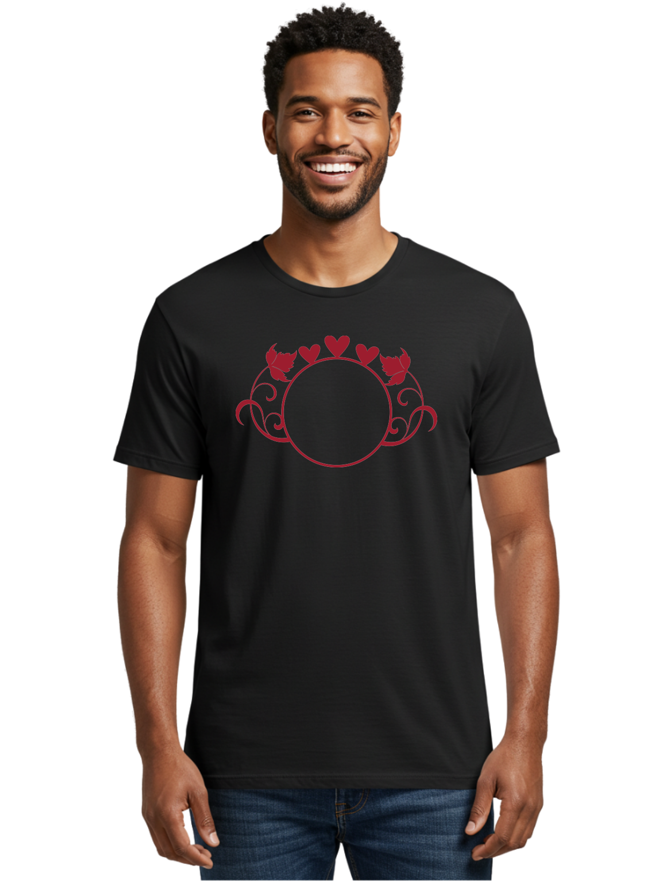Hearts-And-Leaves-Circle Men'S Graphic Tee, 100% Cotton, Comfortable Casual Summer Wear, Machine Washable, Red Hearts, Leaves, Floral Frame, Decorative Border, Valentines Day Theme, Romantic Design, Elegant Frame, Love Symbol, Heart Shaped, Aac811