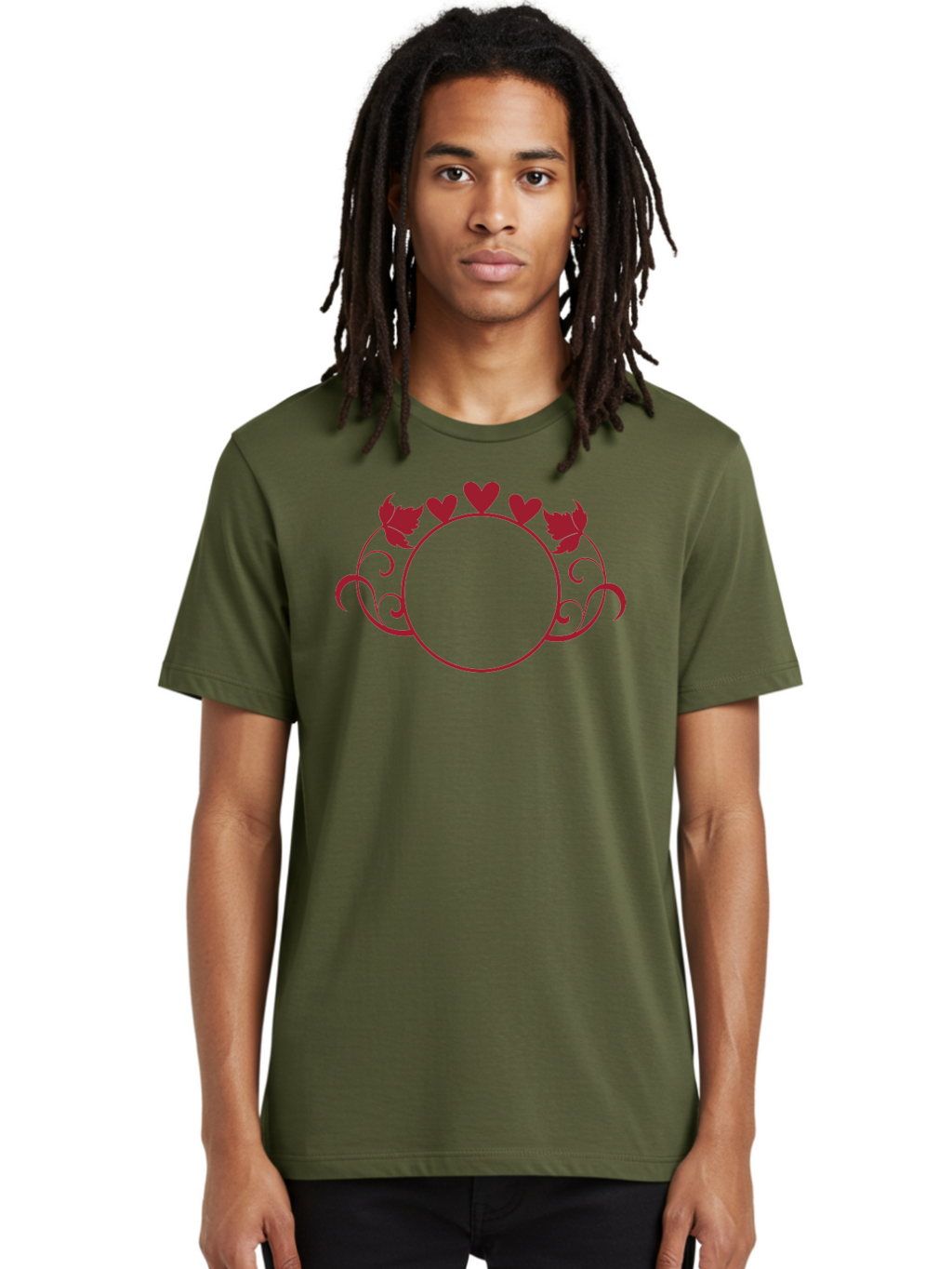 Hearts-And-Leaves-Circle Men'S Graphic Tee, 100% Cotton, Comfortable Casual Summer Wear, Machine Washable, Red Hearts, Leaves, Floral Frame, Decorative Border, Valentines Day Theme, Romantic Design, Elegant Frame, Love Symbol, Heart Shaped, Aac811